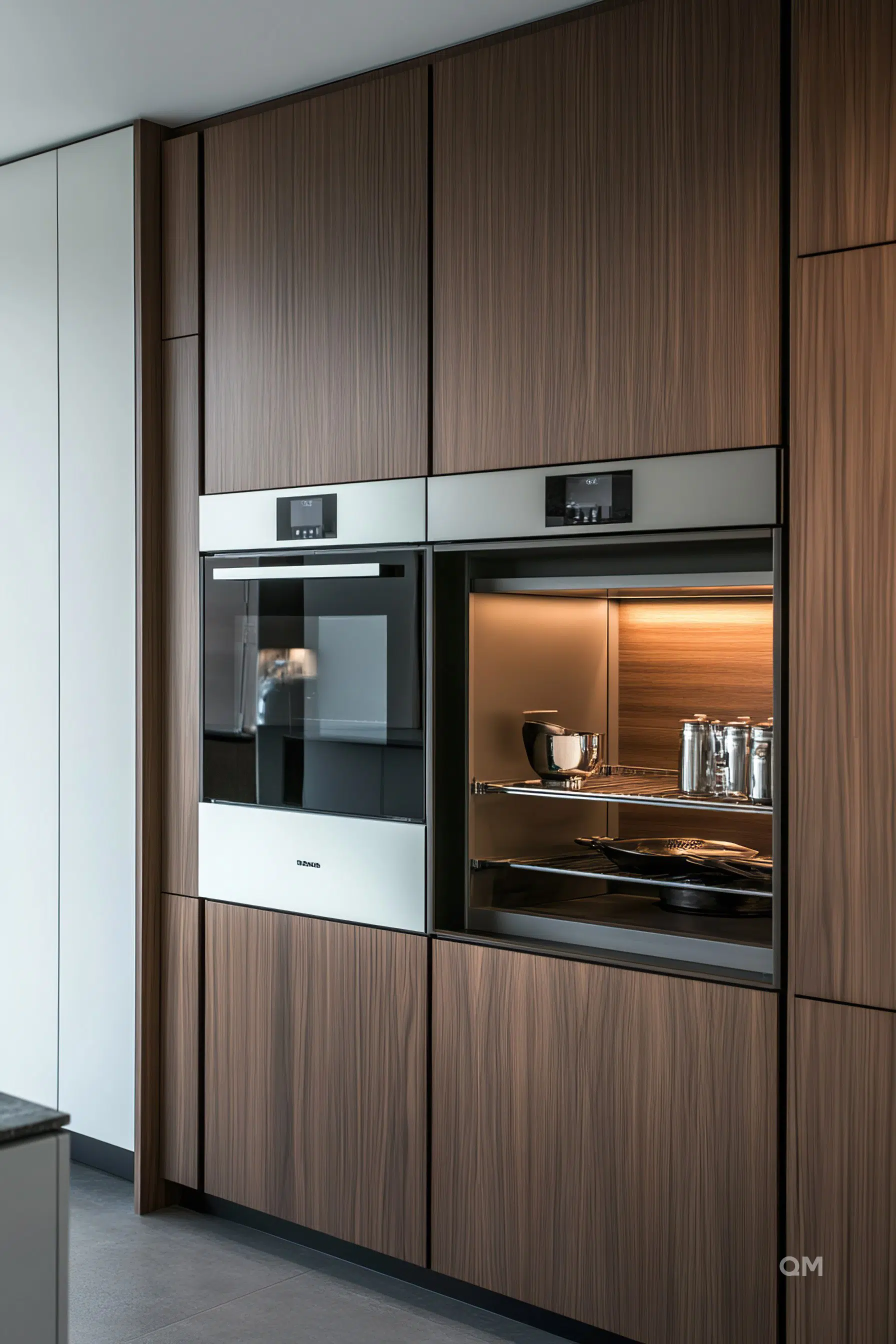 Modern kitchen with integrated appliances featuring a wood finish and black oven, microwave, and warming drawer. Modern kitchen with integrated appliances featuring a wood finish and black oven, microwave, and warming drawer.