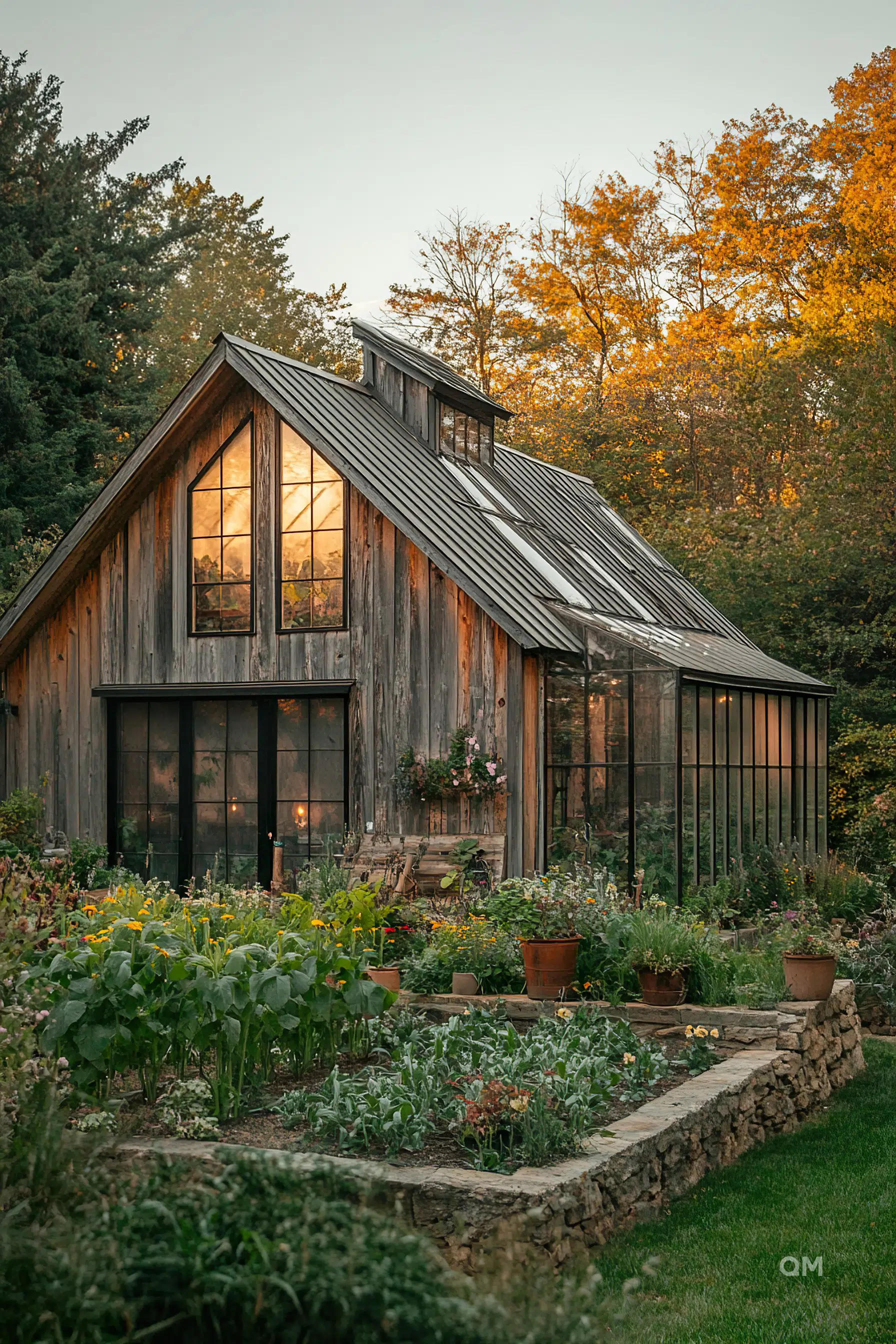 Rustic wooden greenhouse with large windows amidst a lush garden at sunset, reflecting warm light against a backdrop of autumn trees.