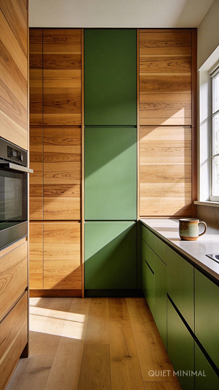 Green and Wood Kitchen Using Natural Oak Textures - Quiet Minimal