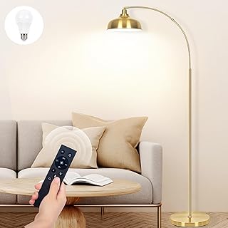 Gold Floor Lamps for Living Room- Arc Floor Lamps with 9W Bulb, 360° Adjustable Metal Shade, Remote Control Dimmable Floor Lamp, Over Couch Mid Century Modern Brass Floor Lamp for Bedroom, Office