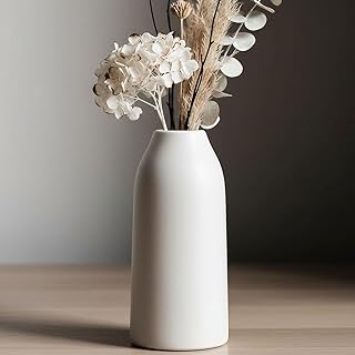 hjn Nordic Minimalist Matte White Ceramic Vase - Stylish Flower Vase for Dried Floral Arrangements, Home Decor (Living Room/Tabletop) (Sleek Rounded Vase-5.9" X12''H)