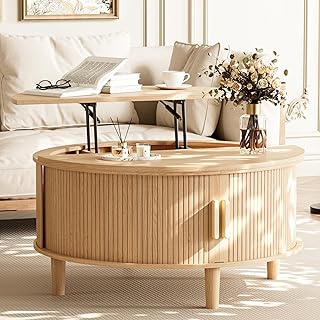 INNOD Round Coffee Table Lift Top with Storage, Fluted Drum Coffee Table for Living Room, Mid Century Modern Oak Wood Round Coffee Table with Sliding Tambour Door, Center Table (Boho Light Oak)