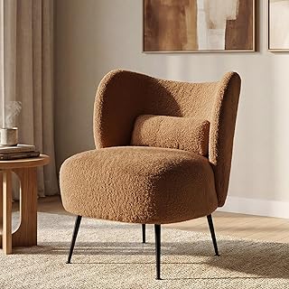 Sherpa Accent Chair, Modern Upholstered Boucle Single Sofa Chair with Curved Backrest, Comfy Armless Vanity Chair with Pillow & Metal Legs for Living Room, Small Space, Bedroom, Office (Rust)