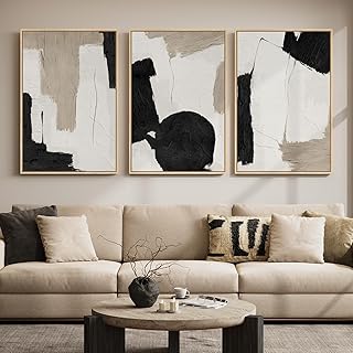 Large Framed Abstract Neutral Wall Art for Living Room, 3 Piece Black and White Beige Modern Canvas Prints Artwork for Walls, Minimalist Mid Century Painting Wall Decor Hallway Dining Room, 24x36 Inch