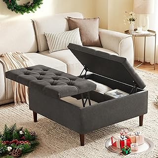 Weture 35 Inch Extra Large Storage Ottoman Coffee Table, No Assembly Required, Oversized Square Ottoman with Storage, Tufted Upholstered Ottomans Coffee Table for Living Room (Fabric, Dark Grey)