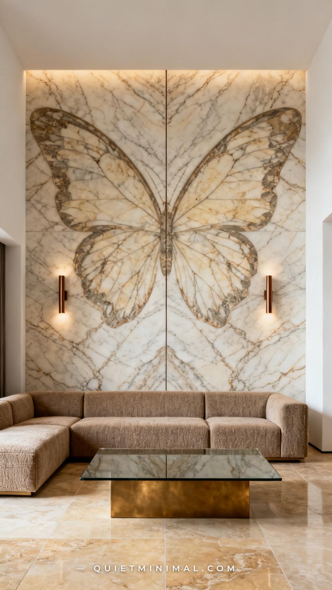 A vertical photograph captures the full width and height of a modern living room with a single wall clad in large-format