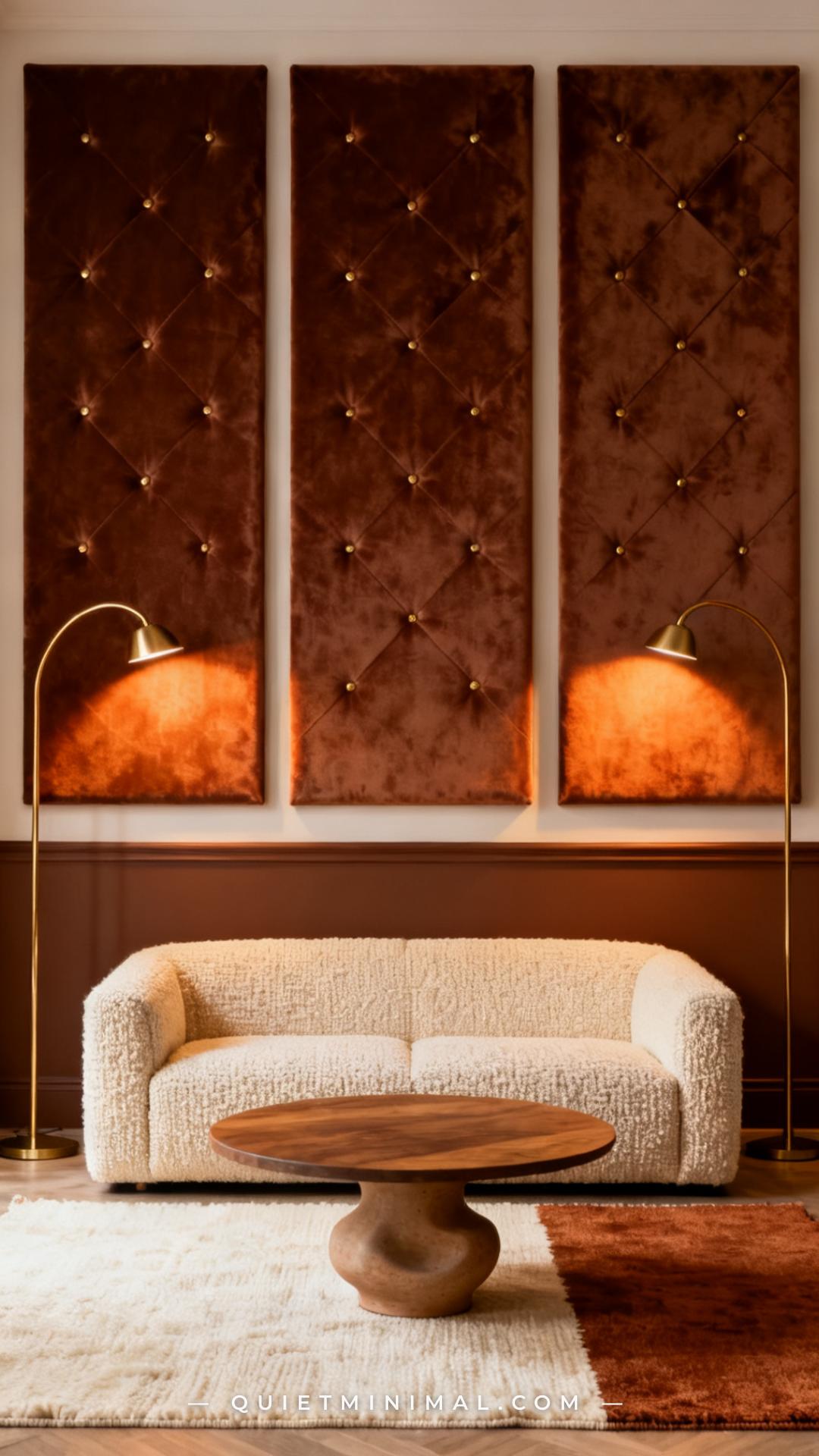 A vertical photograph captures the full width of a living room accent wall covered in three large rectangular upholstere