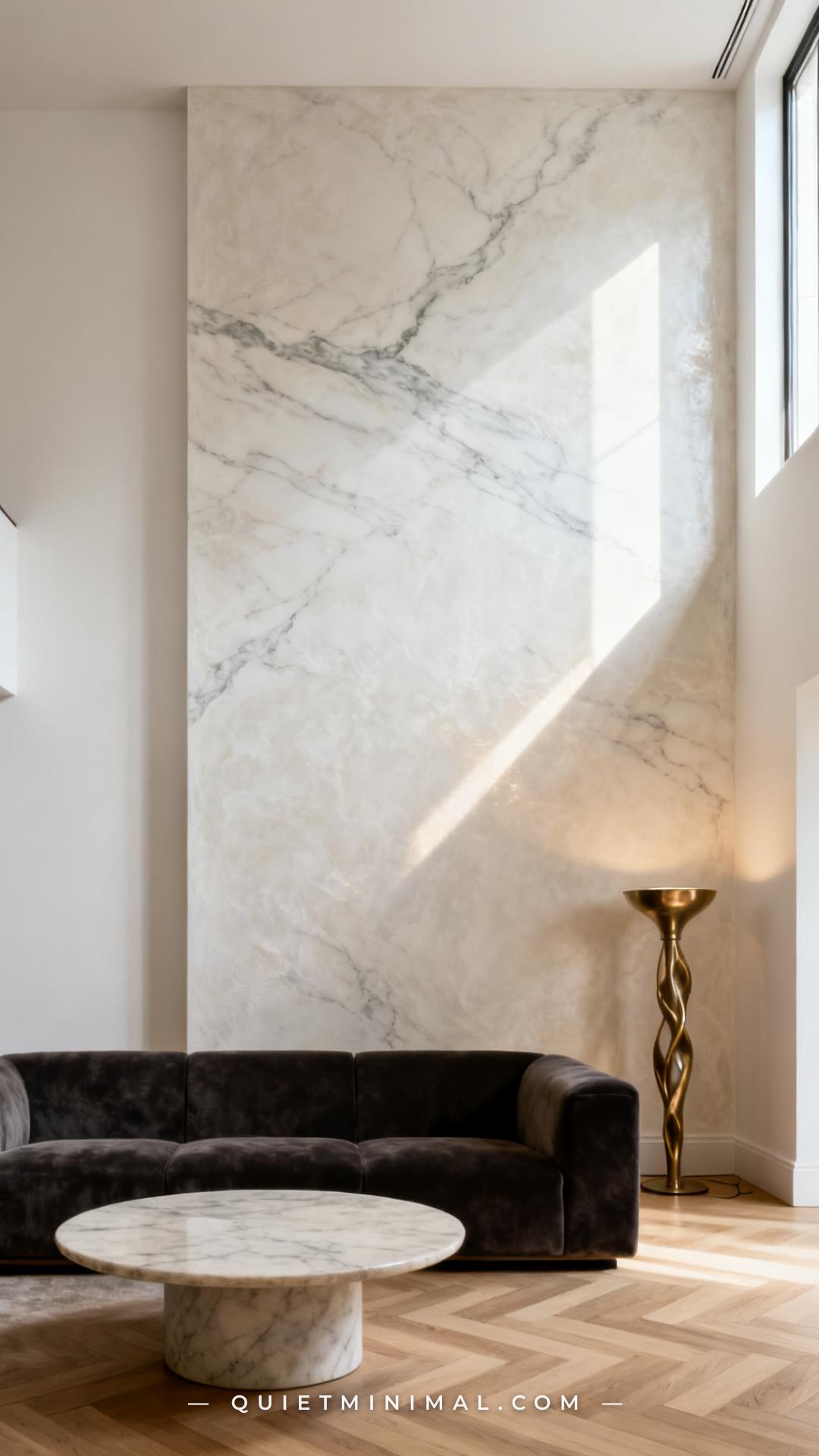 A vertical photograph captures the full length of a sophisticated living room accent wall finished in polished Venetian