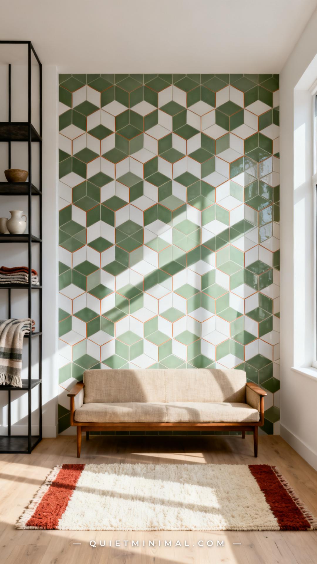 A vertical photograph captures the wide view of a modern living room with a single accent wall covered floor-to-ceiling