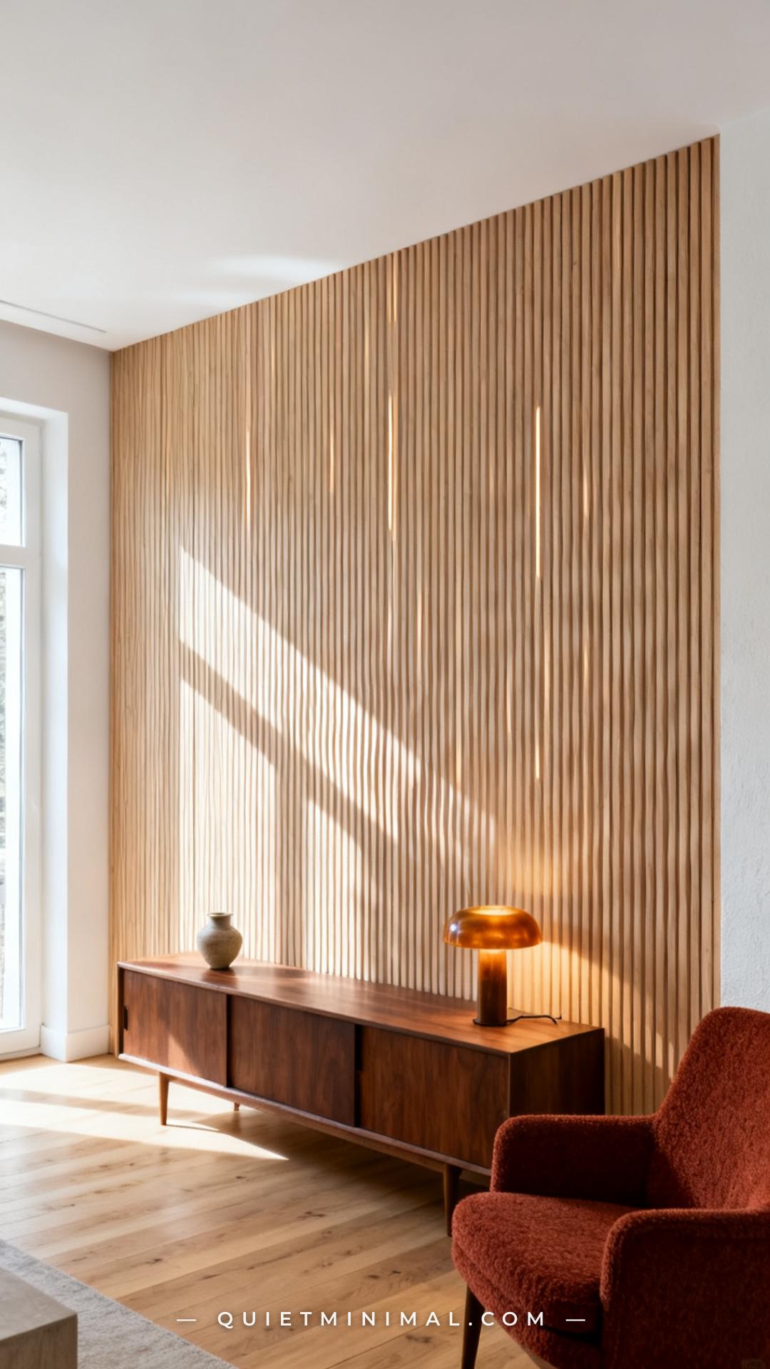 A vertical photograph captures the full height of a living room accent wall covered in vertical slim wood slat panels in