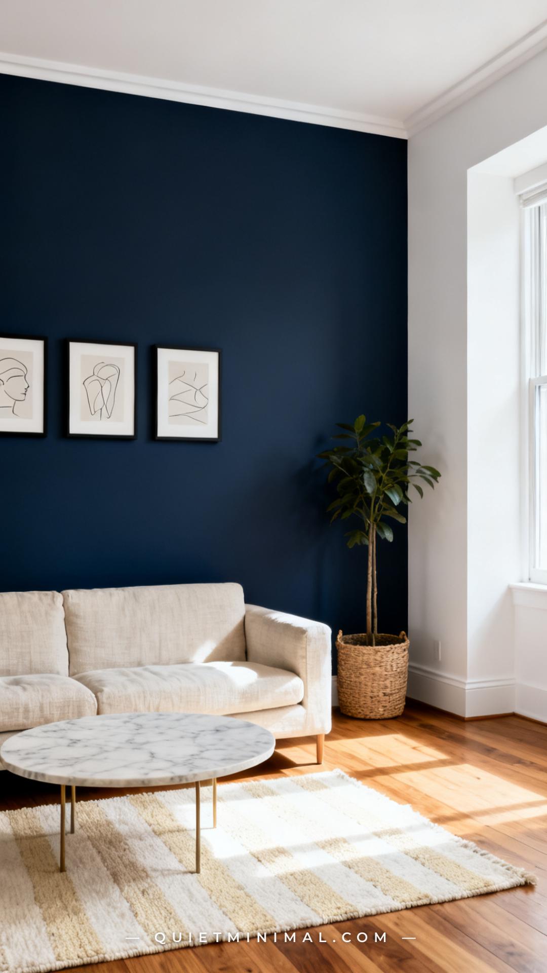 A vertical photograph captures the full width and height of a living room with a single accent wall painted in a deep