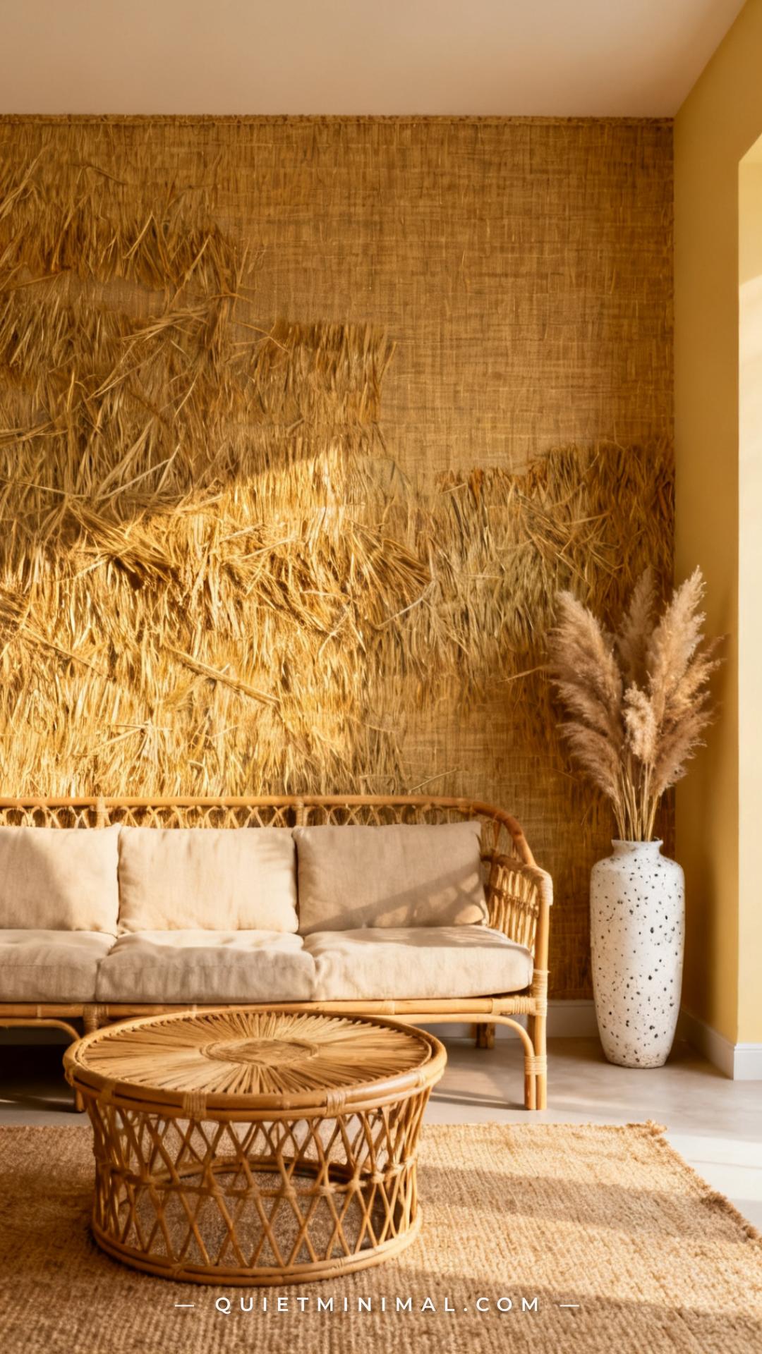 A vertical photograph captures a wide view of a living room accent wall covered in grasscloth wallpaper in a warm natura