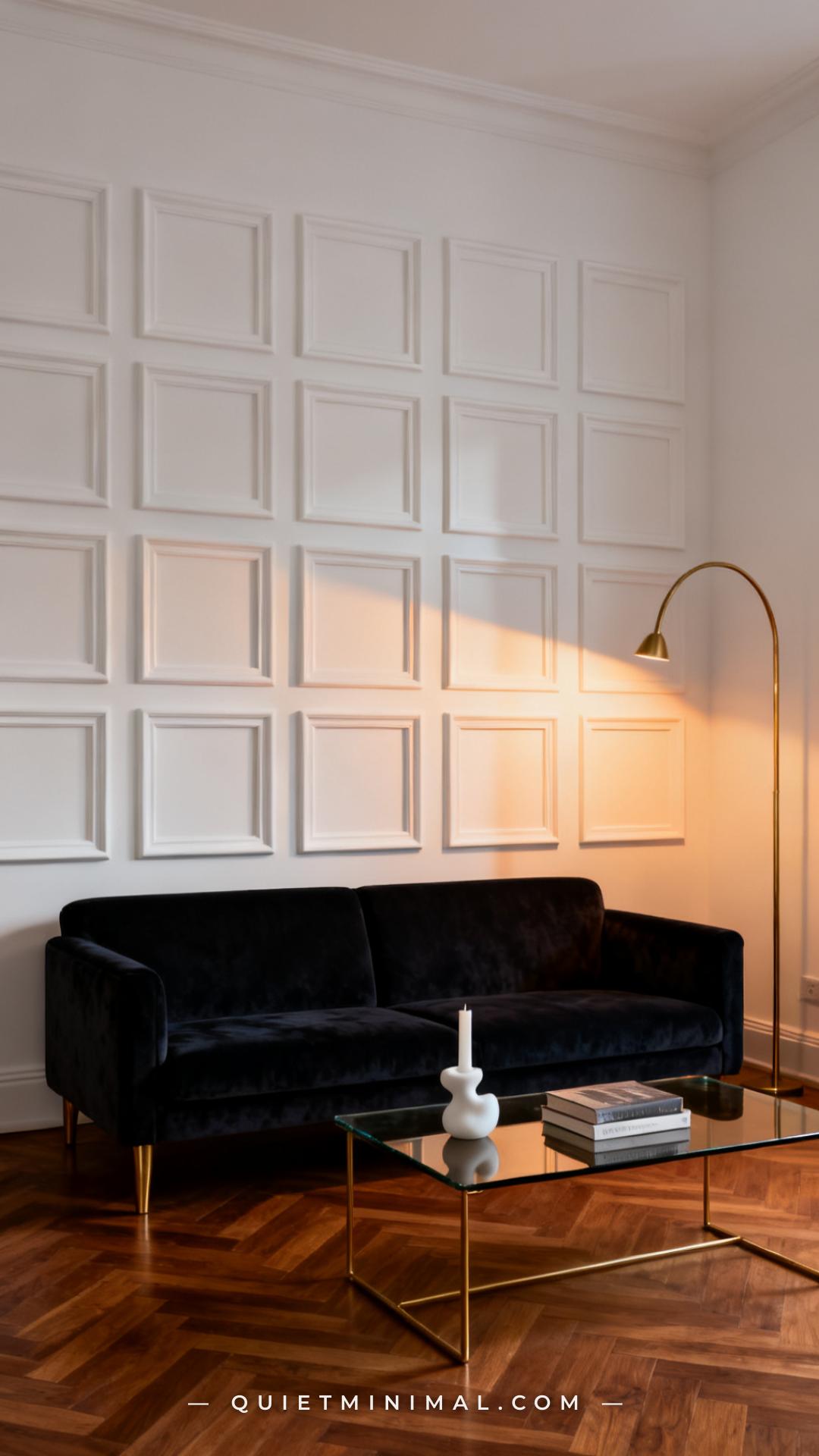 A vertical photograph captures the full height of a living room wall featuring classical panel molding in a grid pattern