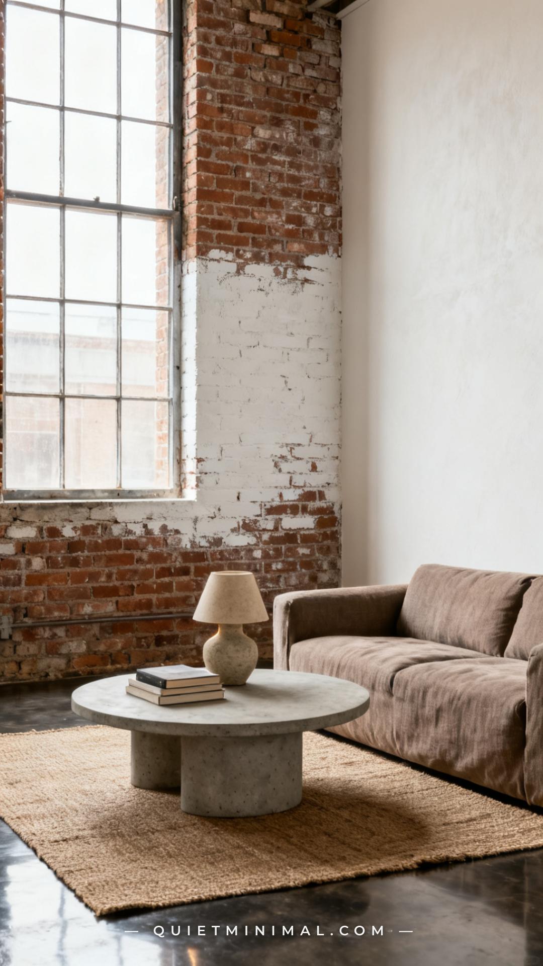 A vertical photograph captures the wide view of a living room with an exposed brick accent wall that has been treated wi
