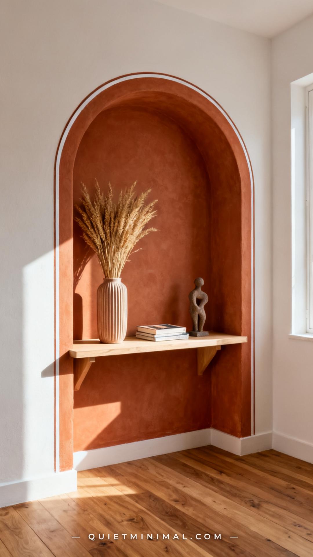 A vertical photograph captures a wide view of a living room accent wall featuring a large painted arch motif in a warm t