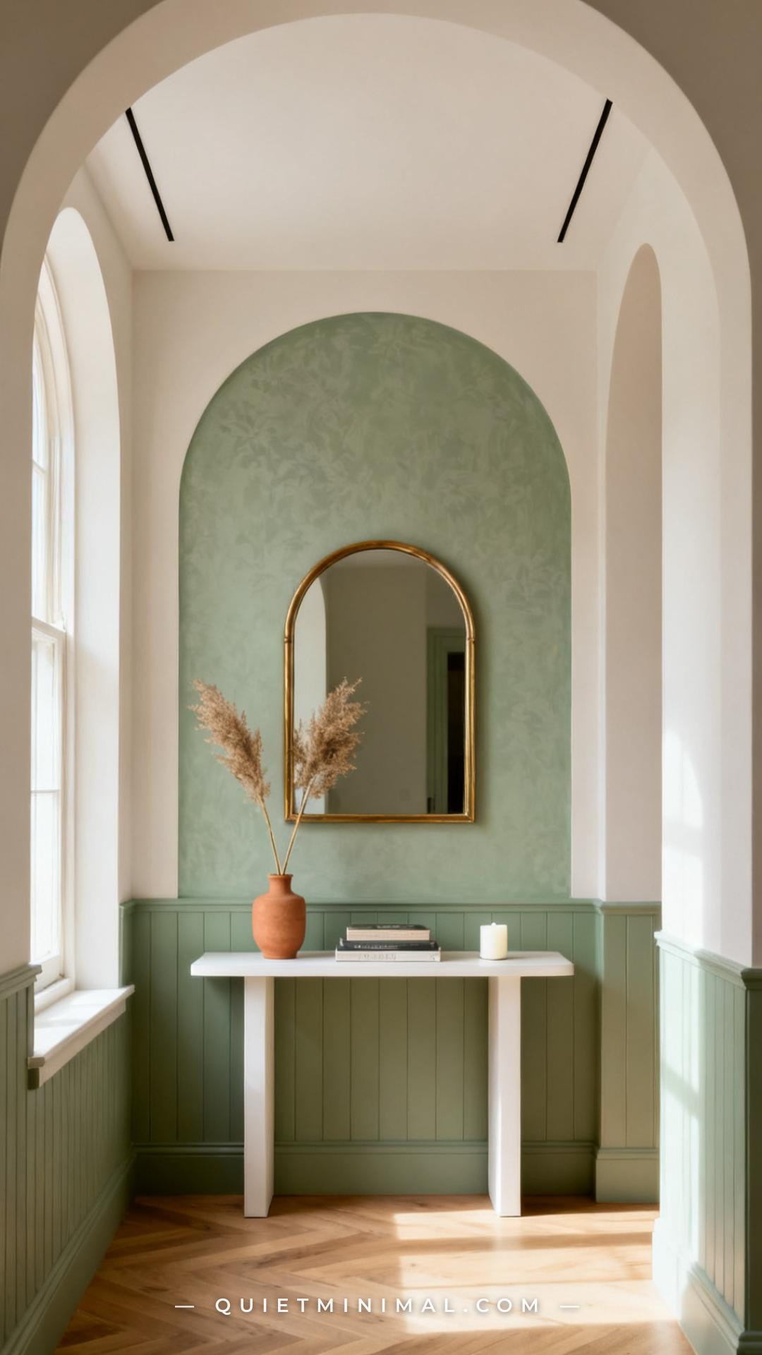 A vertical photograph establishes a full entryway wall scene where an arched mirror is mounted on a wall that features a