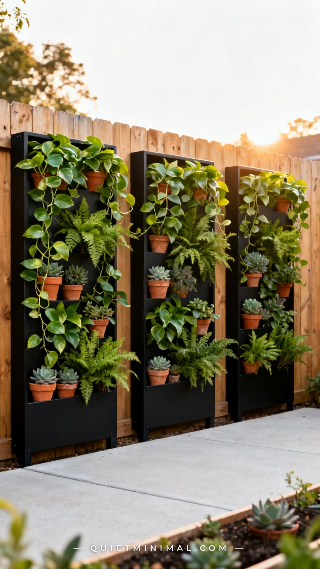 A medium-wide establishing shot of a backyard fence section fitted with a grid of modular vertical planter panels