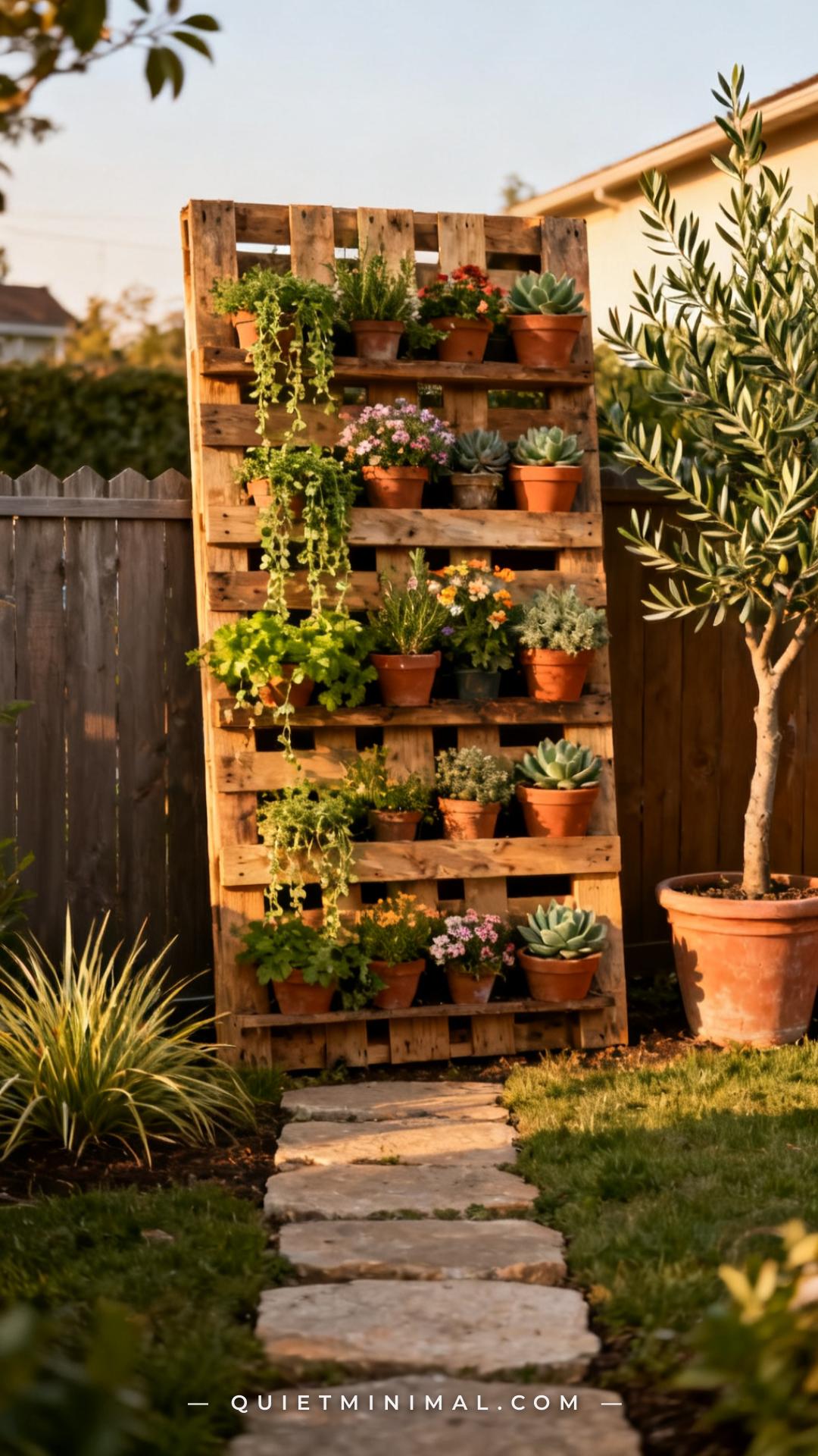 A wide establishing shot of a backyard fence with a reclaimed wood pallet leaning upright against it