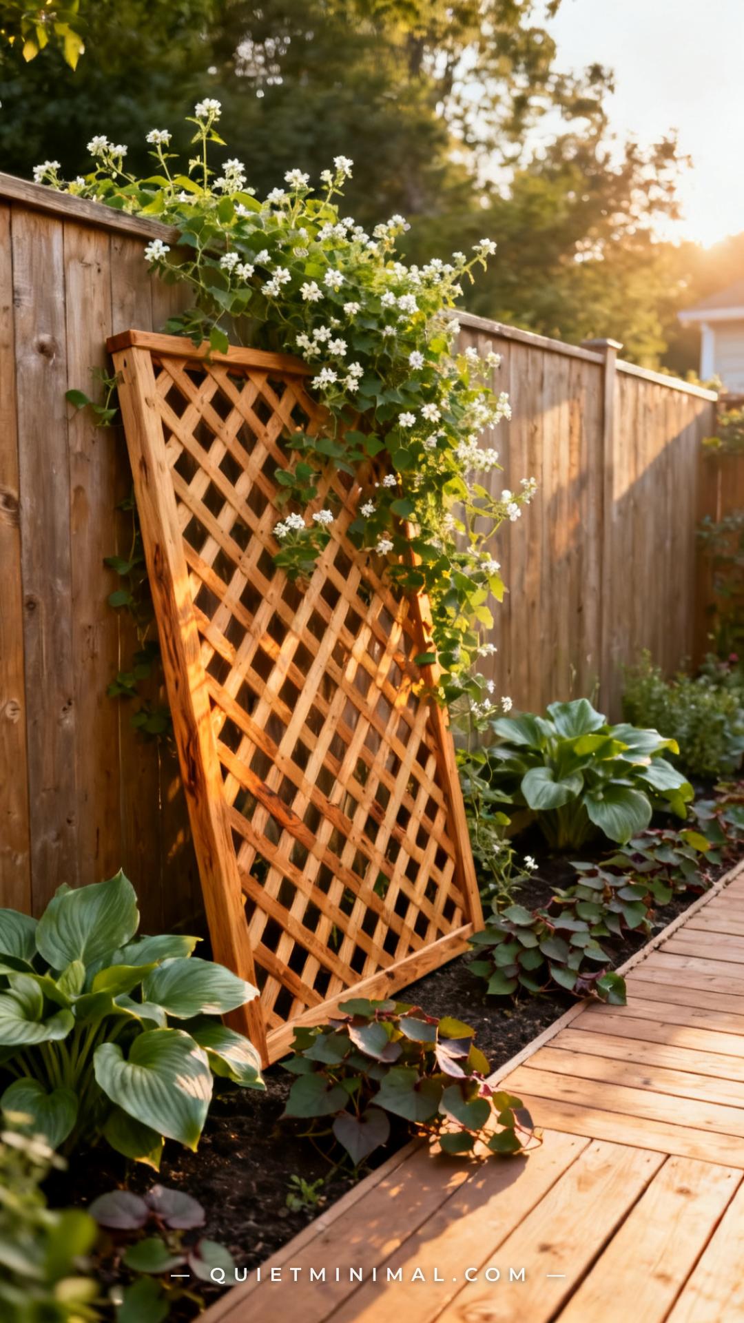 An establishing wide shot of a garden fence with a freestanding cedar lattice trellis panel leaning against it