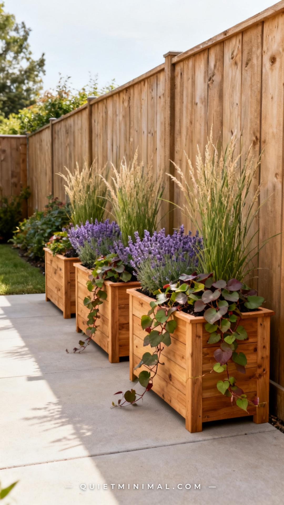 A medium-wide establishing shot of a backyard fence line with three identical cedar raised planter boxes lined up end to