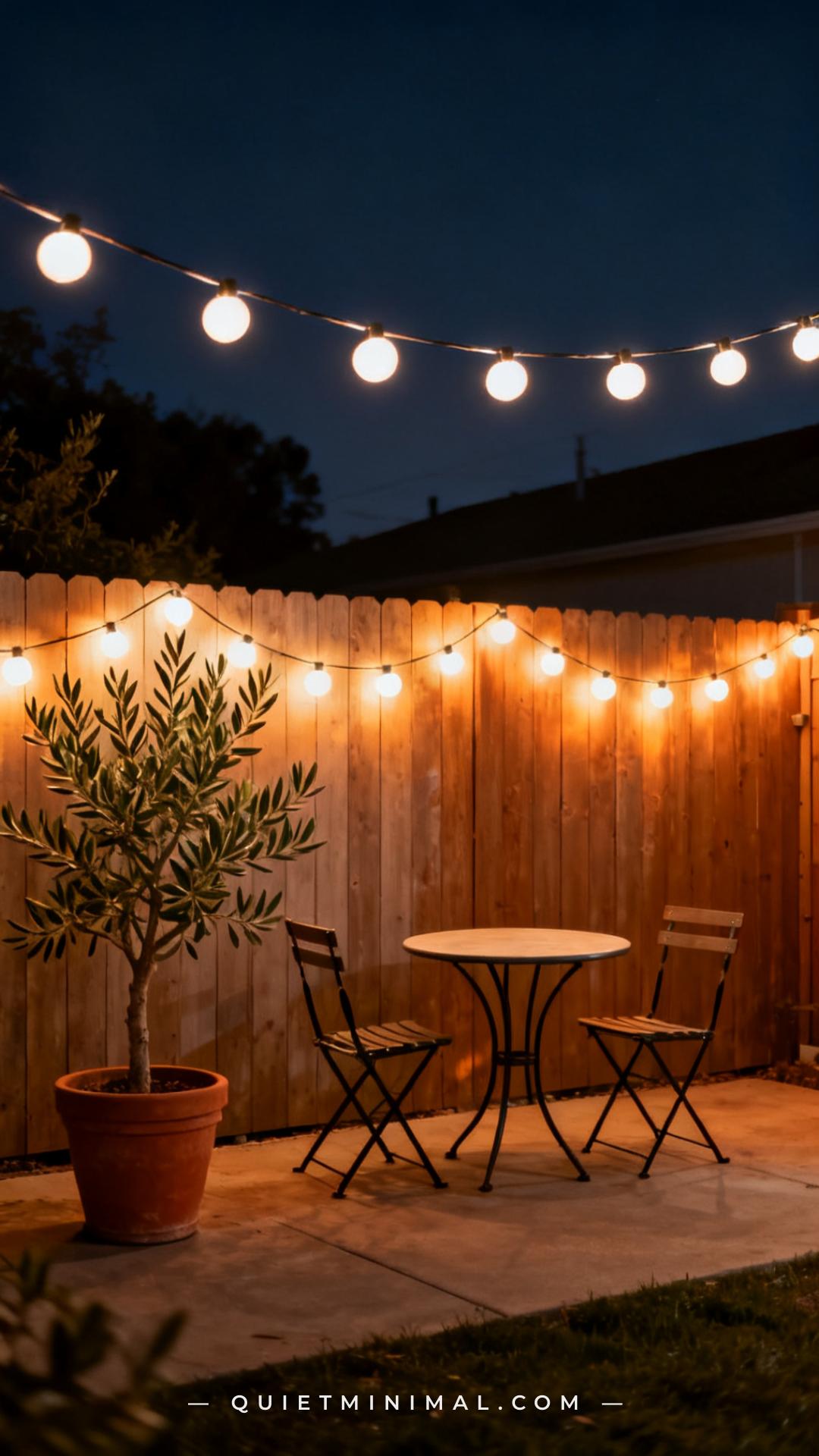 A wide evening photograph of a backyard fence hung with warm-white globe string lights draped in gentle swoops across th