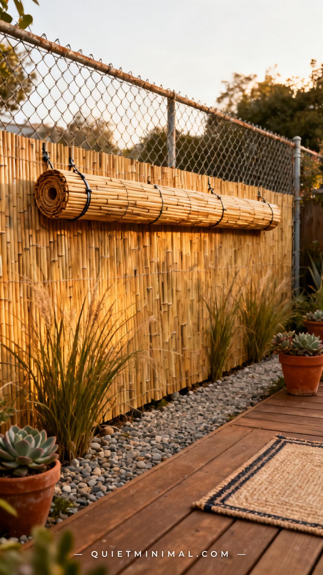A wide establishing shot of a backyard showing a weathered chain-link fence section completely overlaid with a roll of n