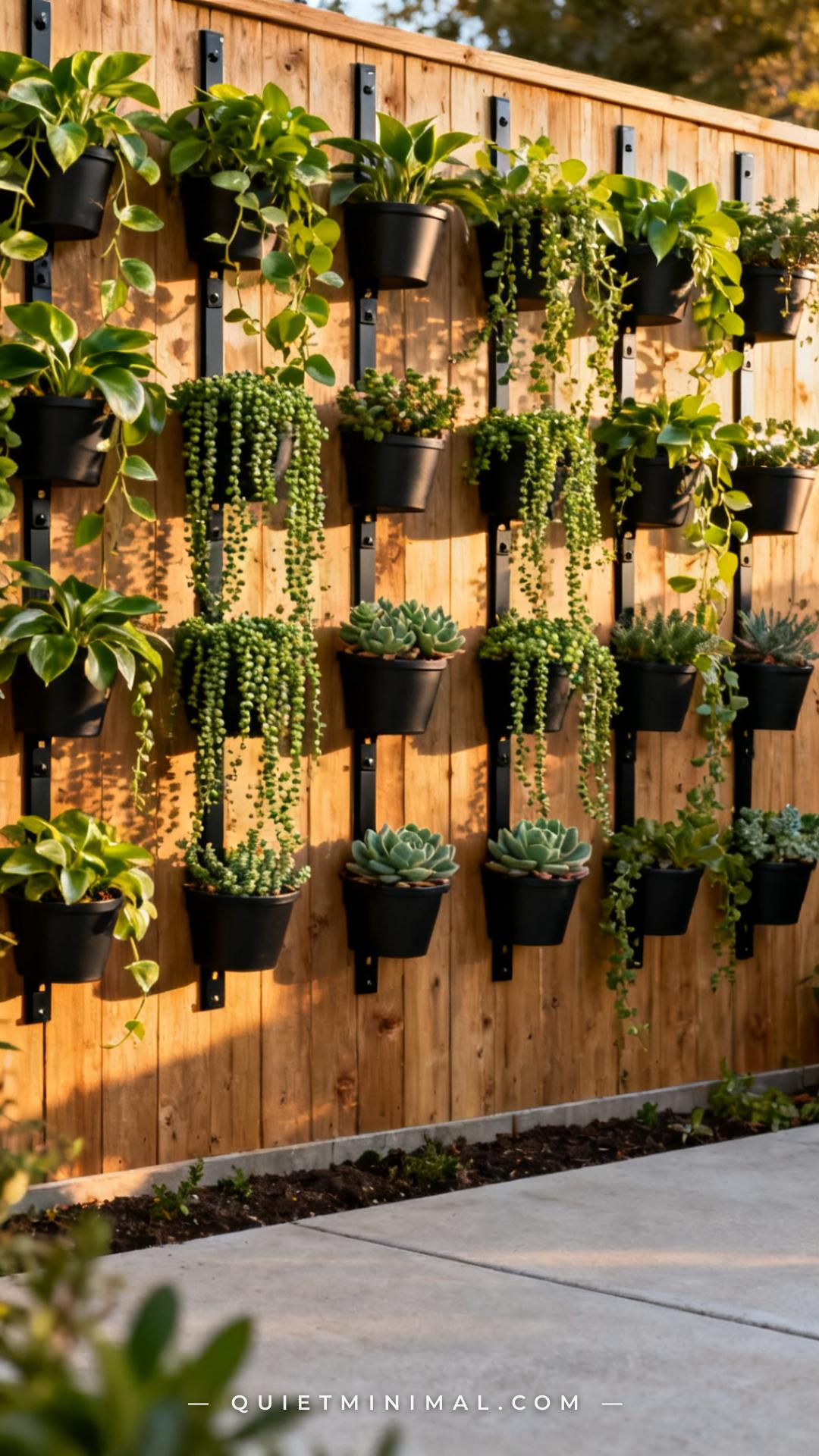 A wide vertical photograph of a wood privacy fence section covered in a repeating grid pattern of matte black metal wall