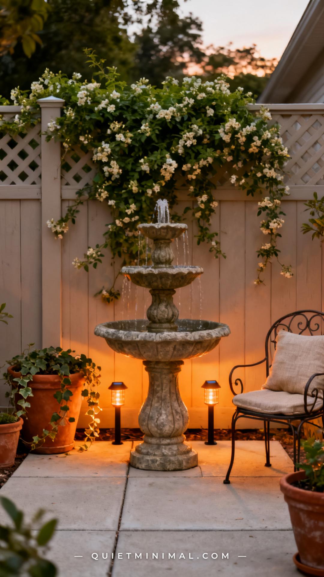 A wide vertical photograph captures a full backyard patio scene anchored by a three-tier stone-finish resin fountain cen