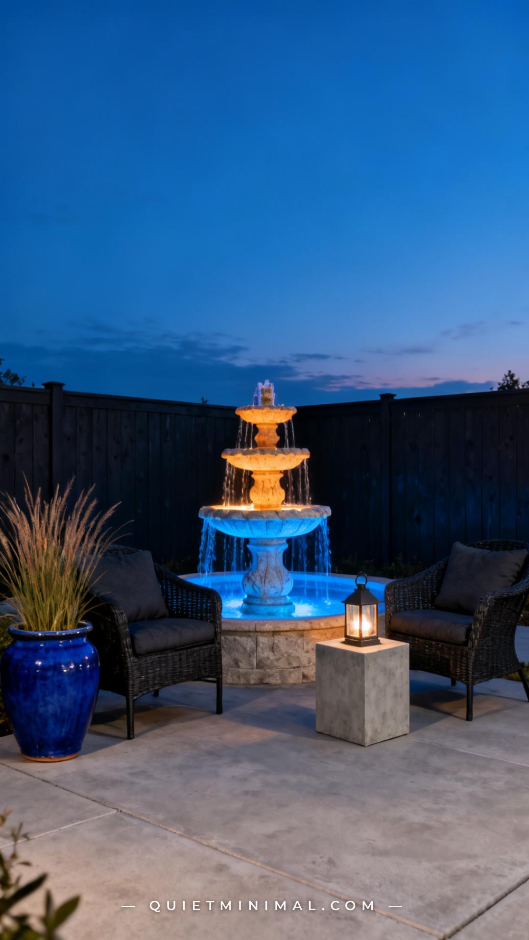 A wide vertical photograph captures a full backyard patio scene at dusk