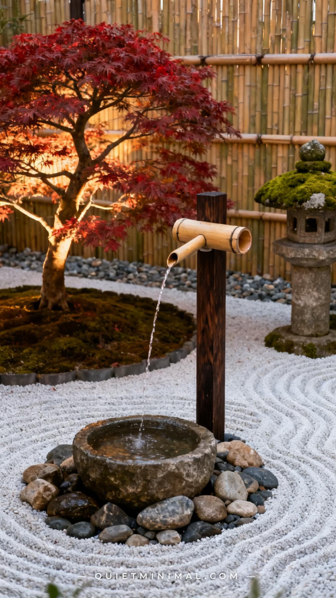 A wide vertical photograph captures a serene Japanese-garden-style backyard scene centered on a traditional bamboo shish