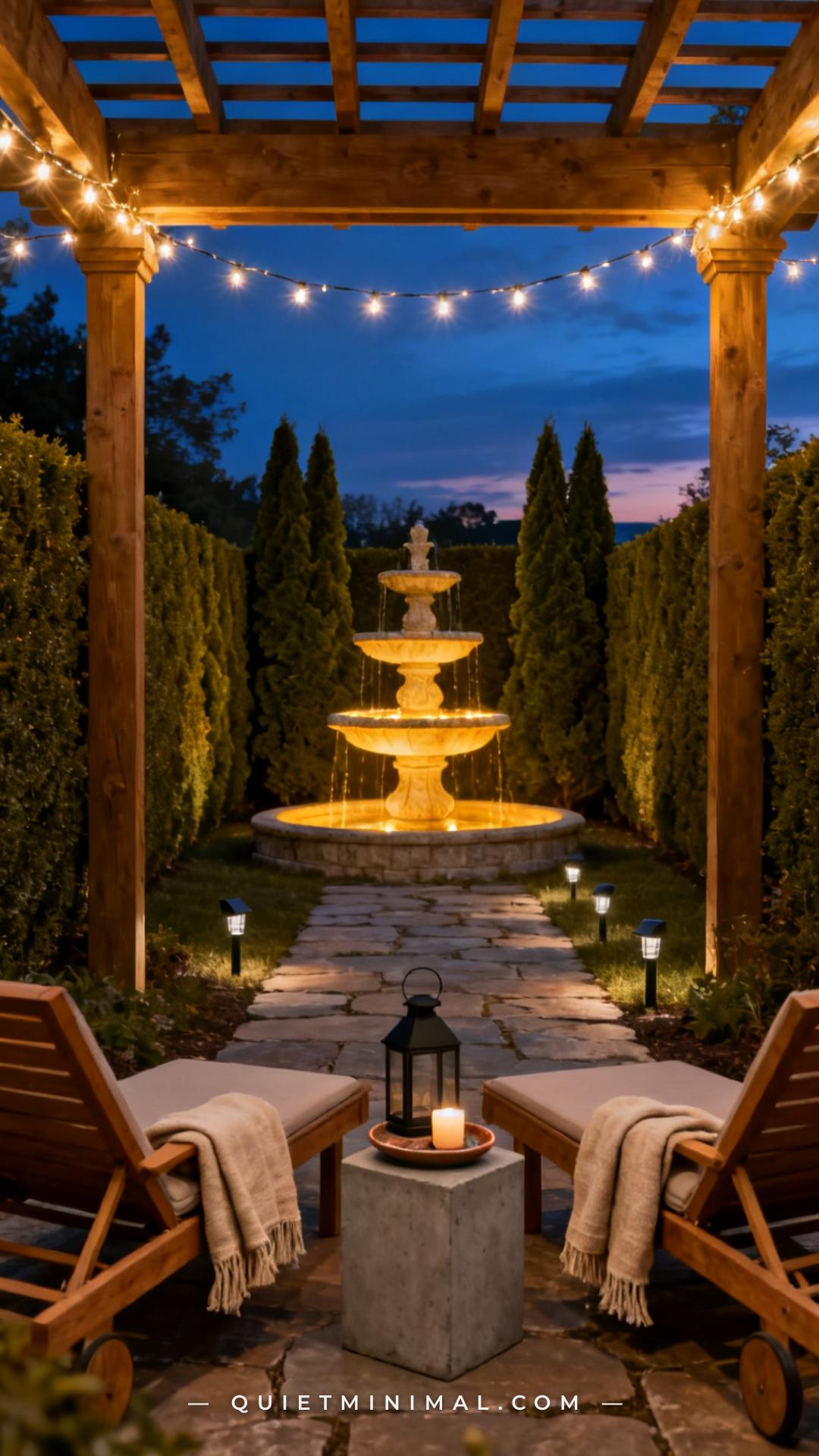 A wide establishing shot at deep dusk captures a complete backyard evening ritual setup: a three-tier resin fountain glo