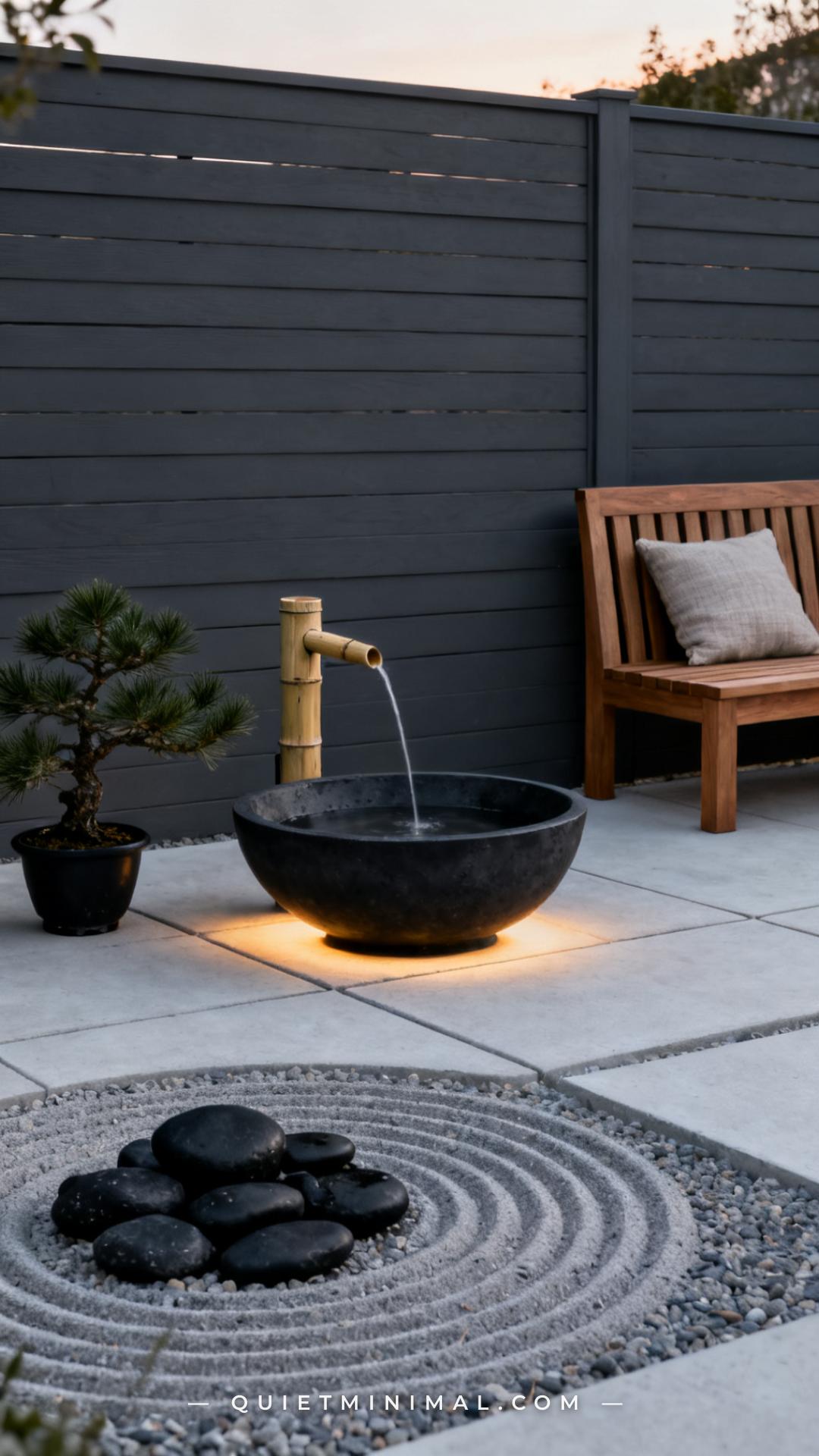 A wide vertical photograph captures a modern minimalist patio scene anchored by a low matte black concrete bowl fountain