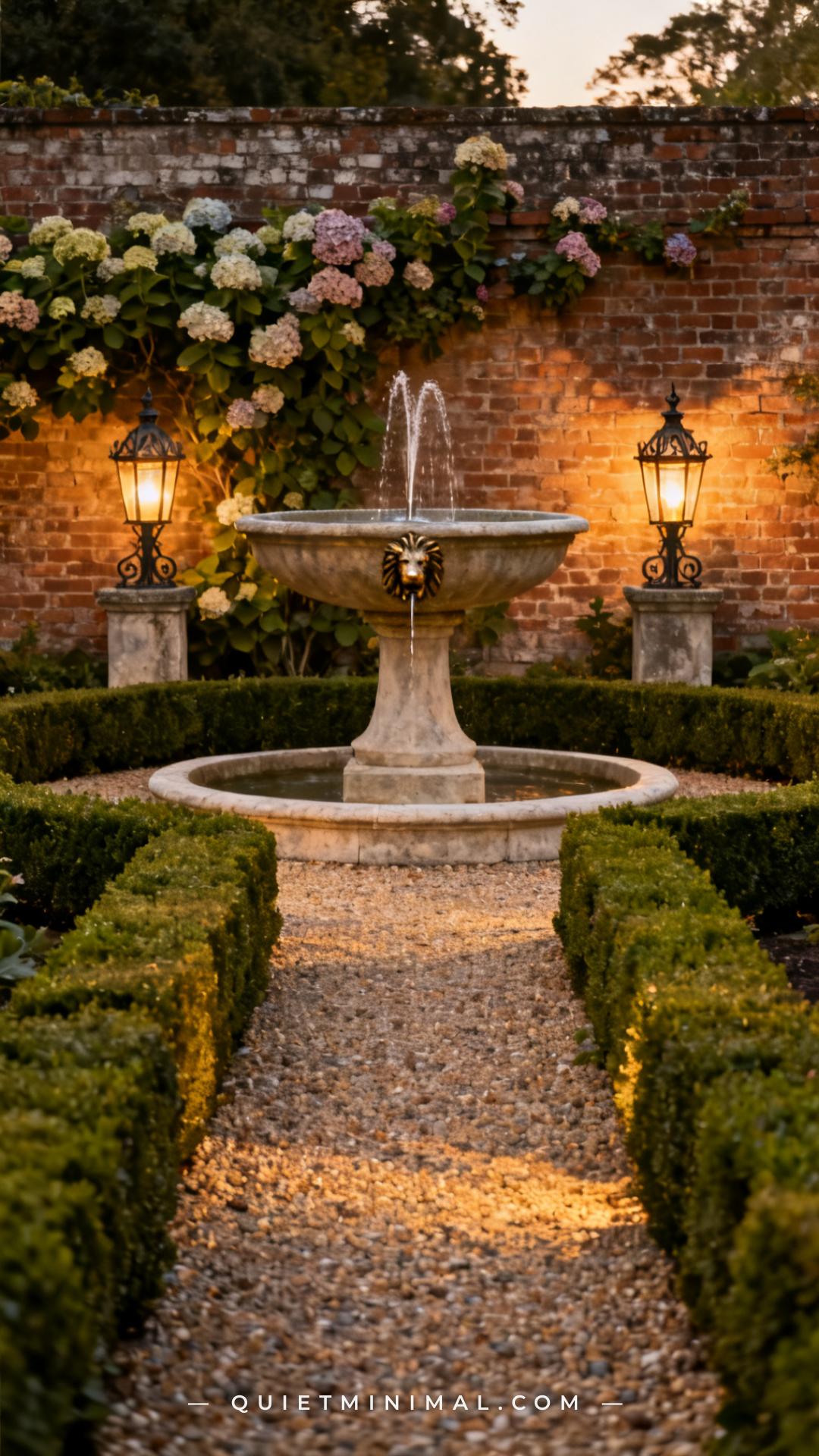 A medium-wide vertical photograph captures a classic garden setting with a raised circular stone basin fountain at its c