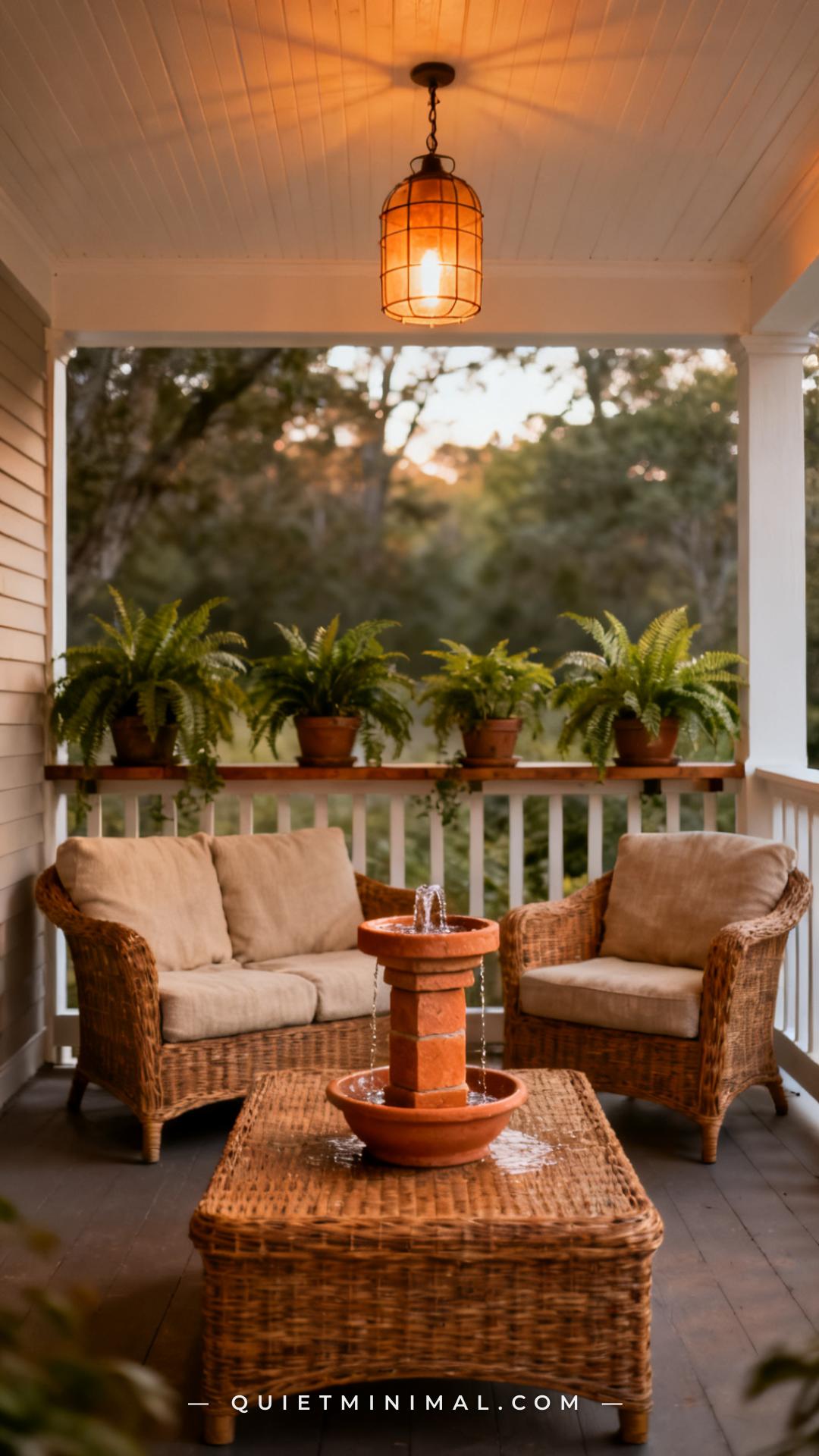 A wide vertical photograph captures a covered porch scene with a small ceramic tabletop fountain placed at the center of