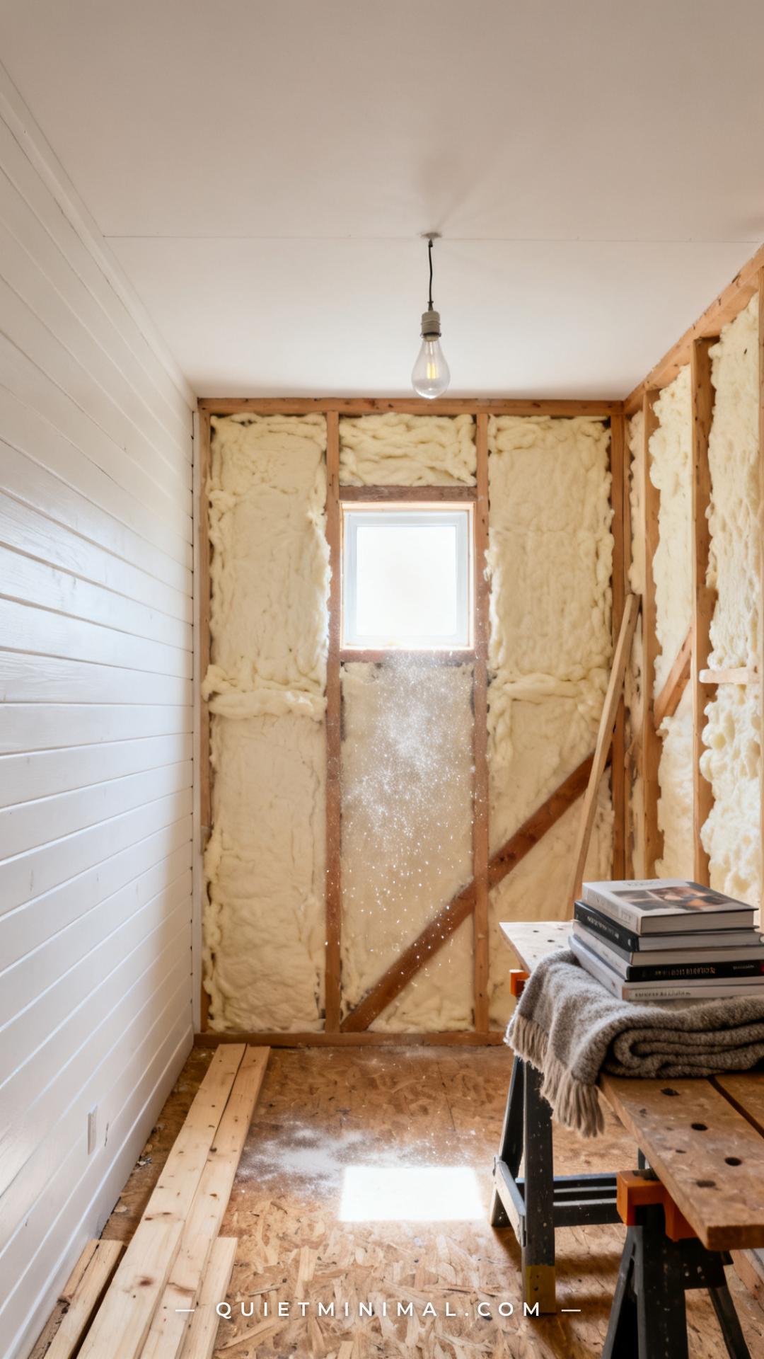 A medium-wide photograph shows the interior of a shed guest suite mid-conversion