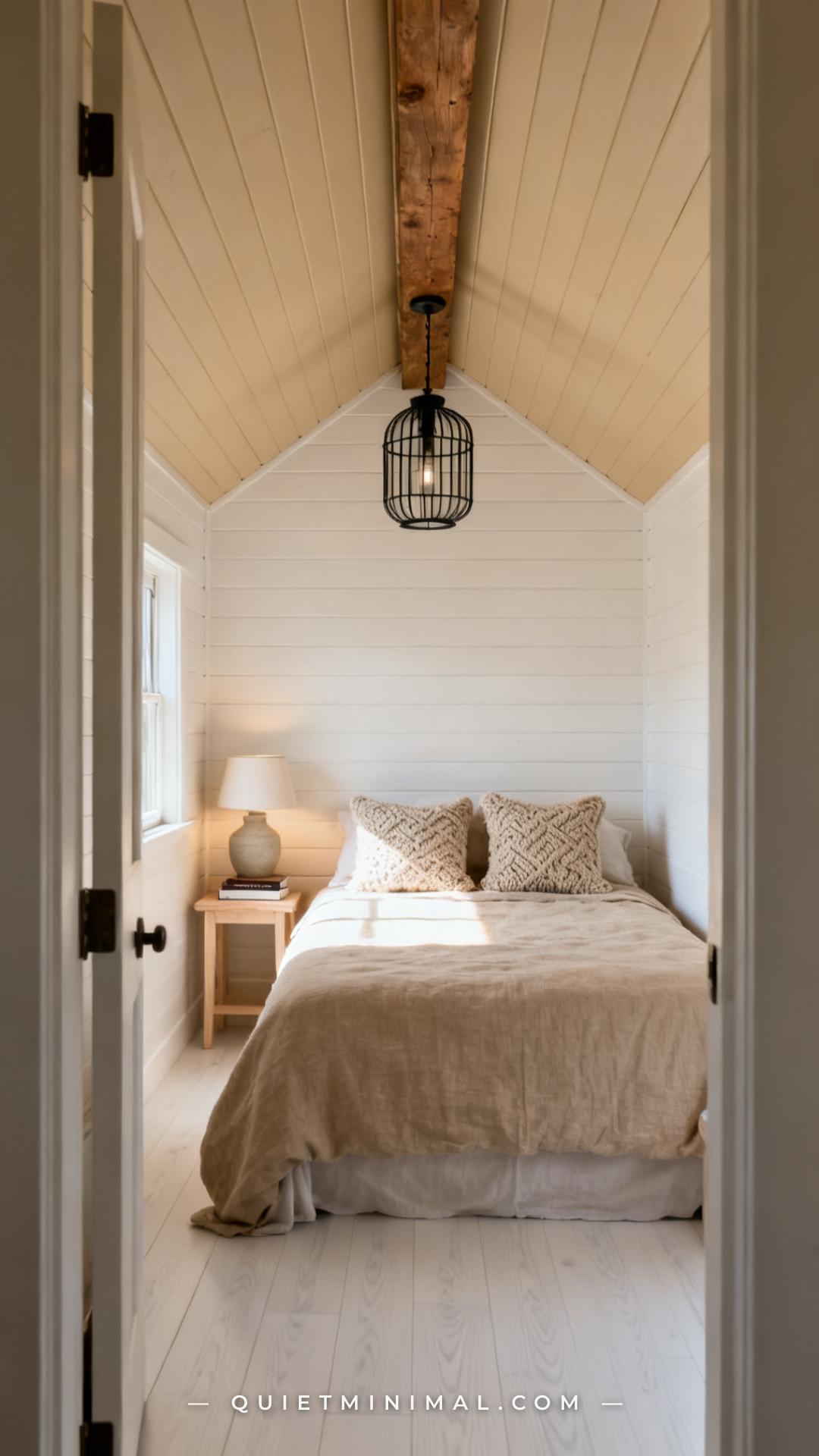 A wide vertical photograph captures the full interior of a converted shed guest suite