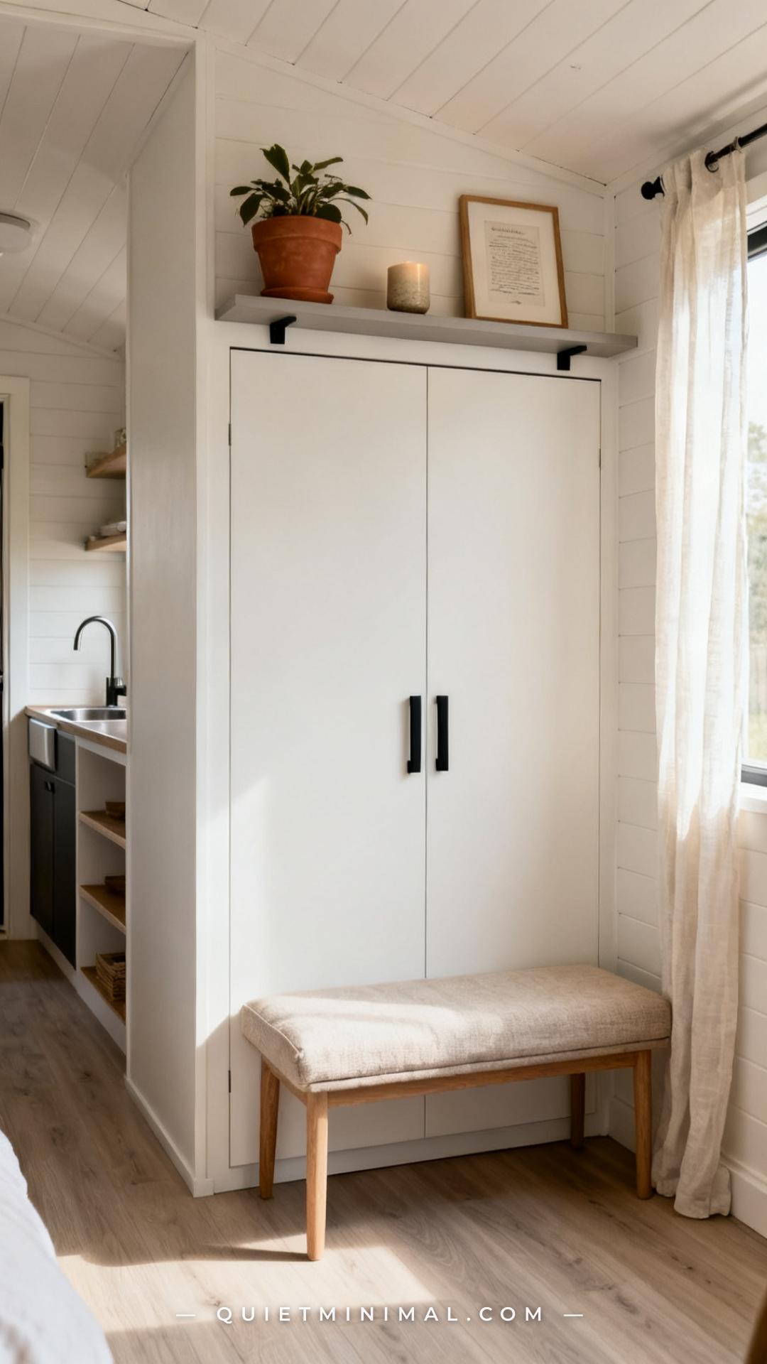 A medium-wide photograph shows a compact converted shed interior with a Murphy bed in the closed position