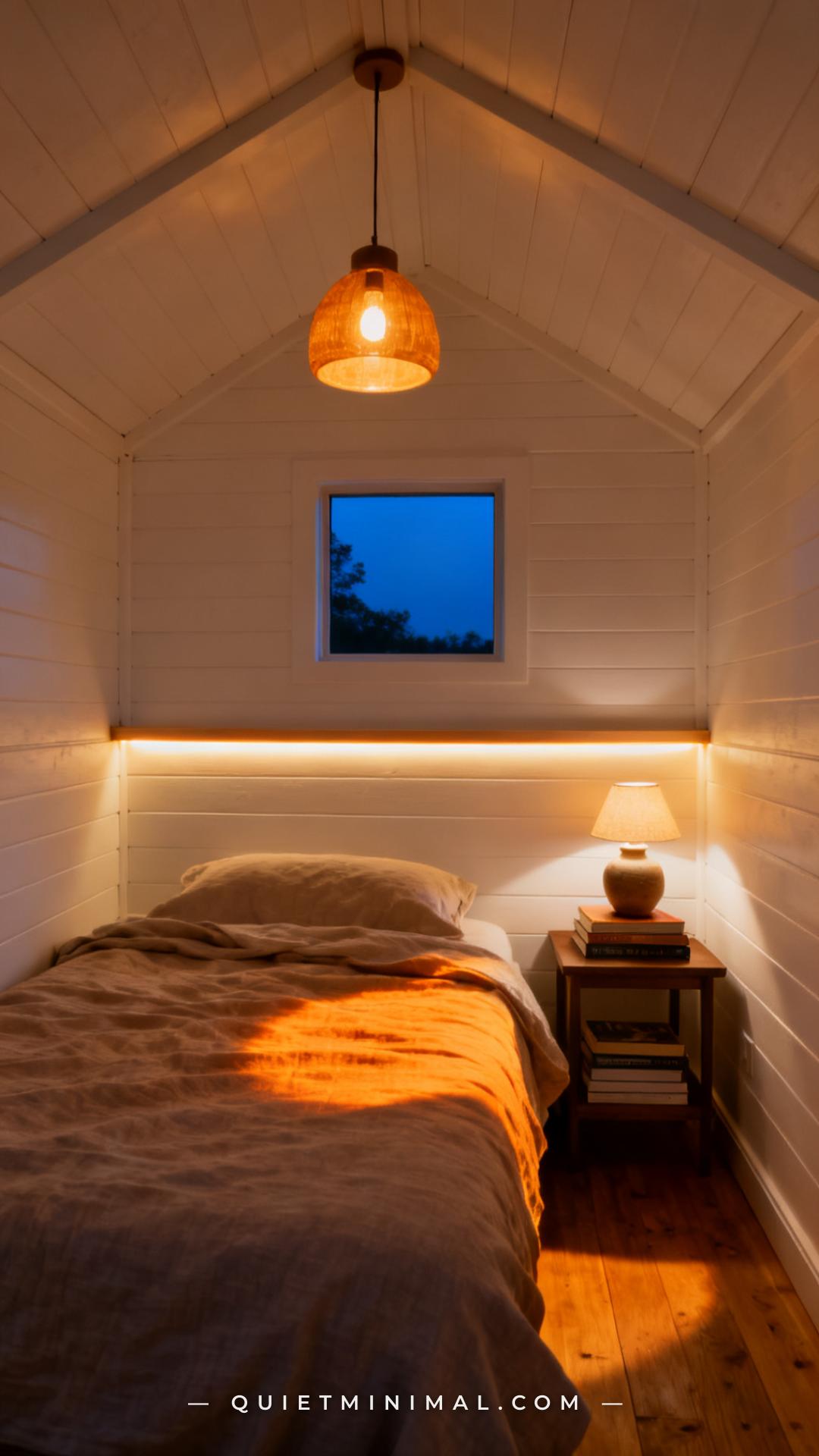 A wide-angle vertical photograph captures the full interior of a converted shed guest suite at dusk