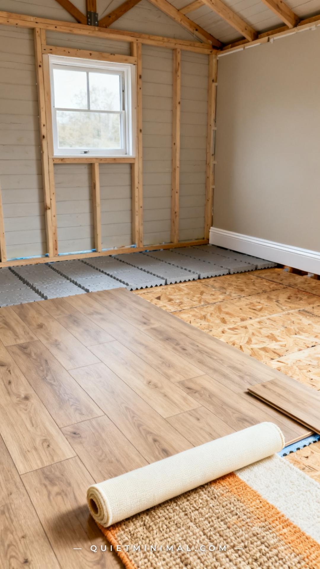 An establishing wide shot shows the lower half of a converted shed interior during a flooring installation phase