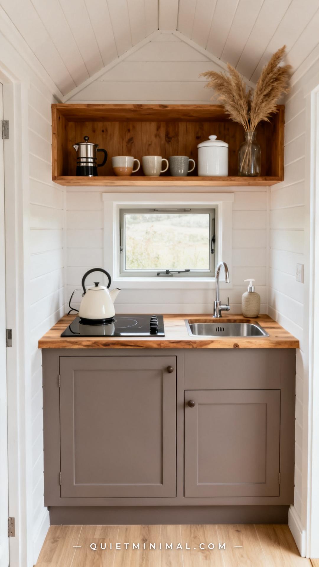 A wide vertical photograph captures a compact kitchenette corner built into a converted shed guest suite