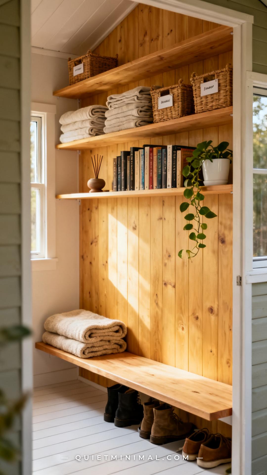 A wide vertical photograph captures an entire wall of a converted shed guest suite designed for vertical storage