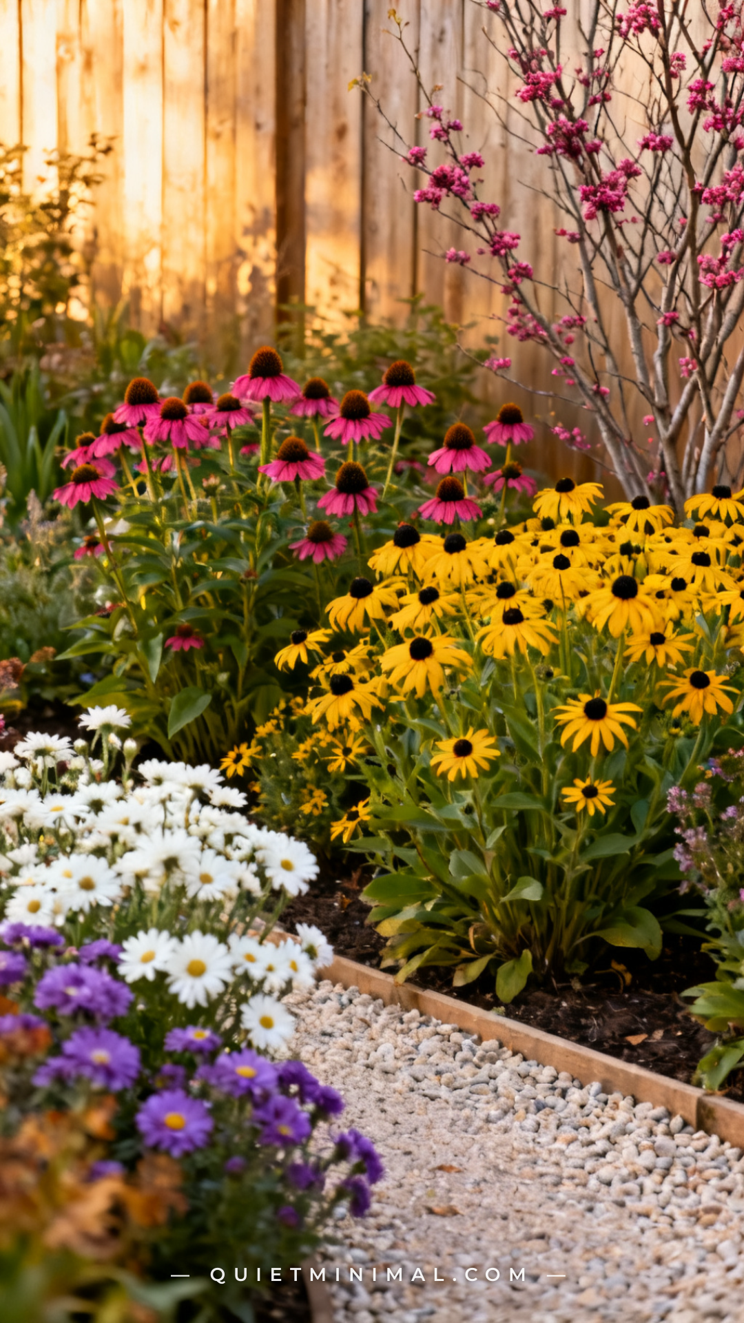 A vertical photograph of a wide backyard garden bed photographed to suggest three-season succession planting