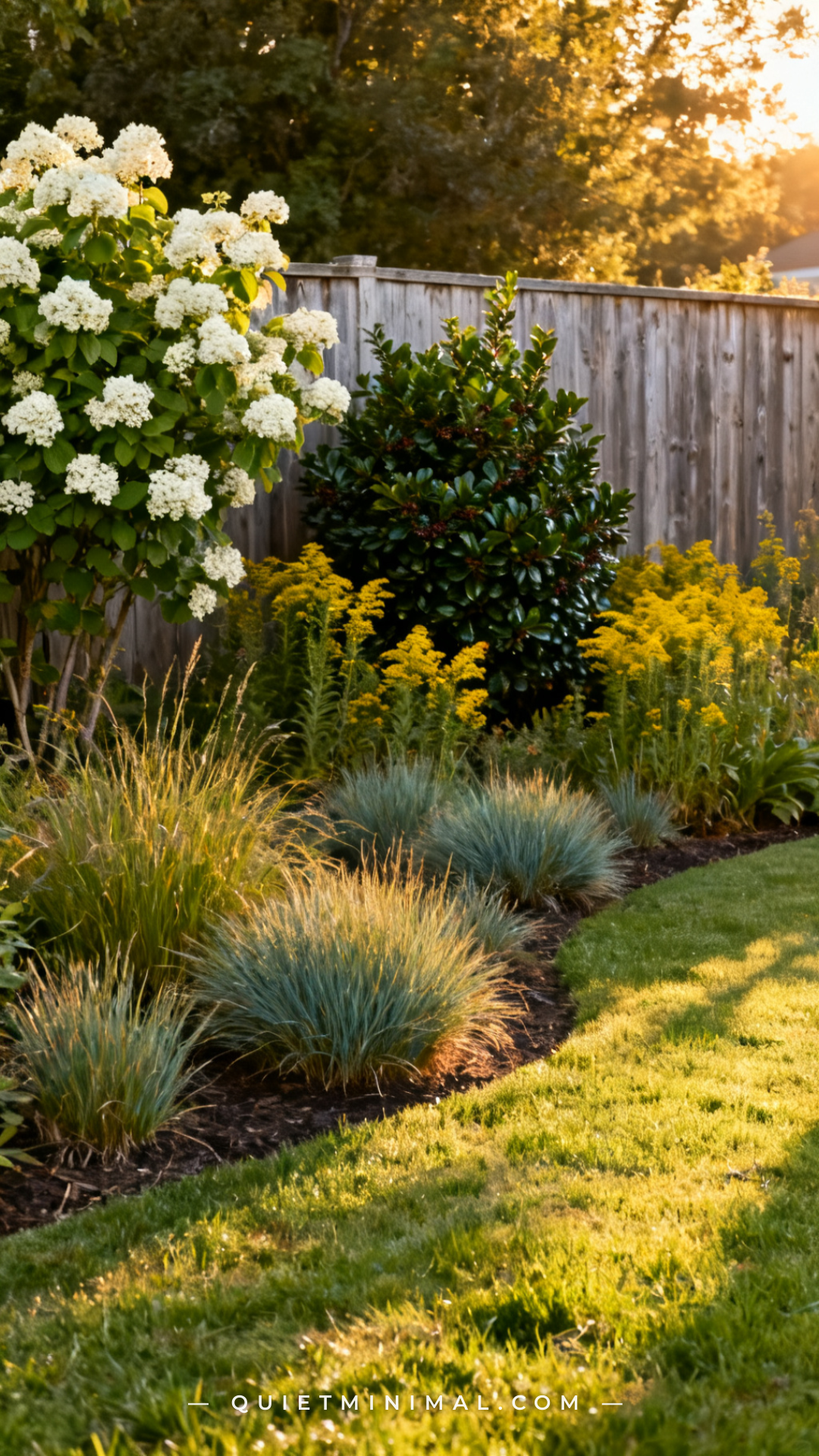 A wide establishing shot of a residential backyard showing a deliberately wild back edge planting that transitions from