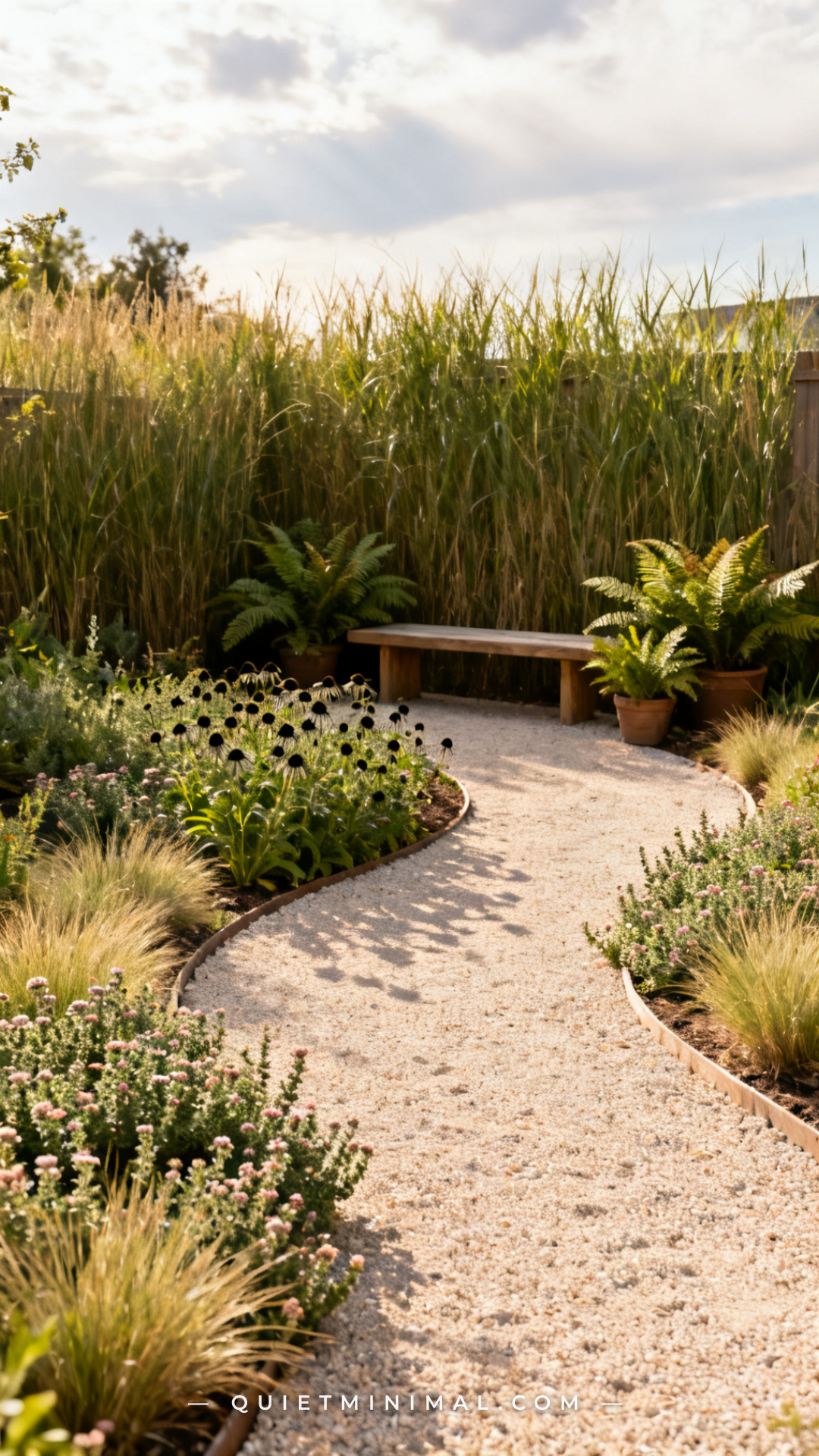 A wide establishing shot of a backyard garden path made from pale decomposed granite
