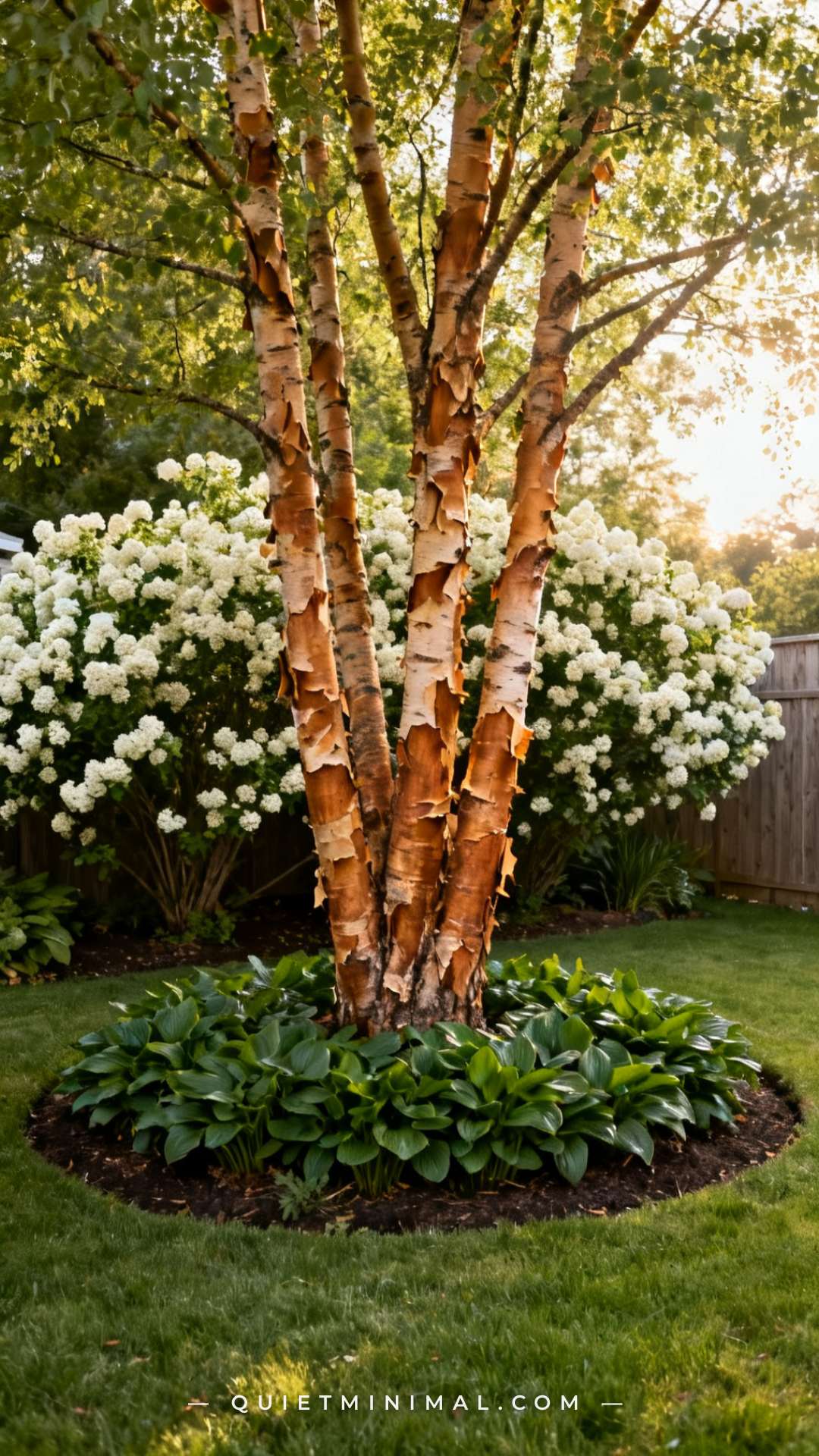 An establishing shot of a suburban backyard showing a single large specimen plant — a native river birch with multi-stem