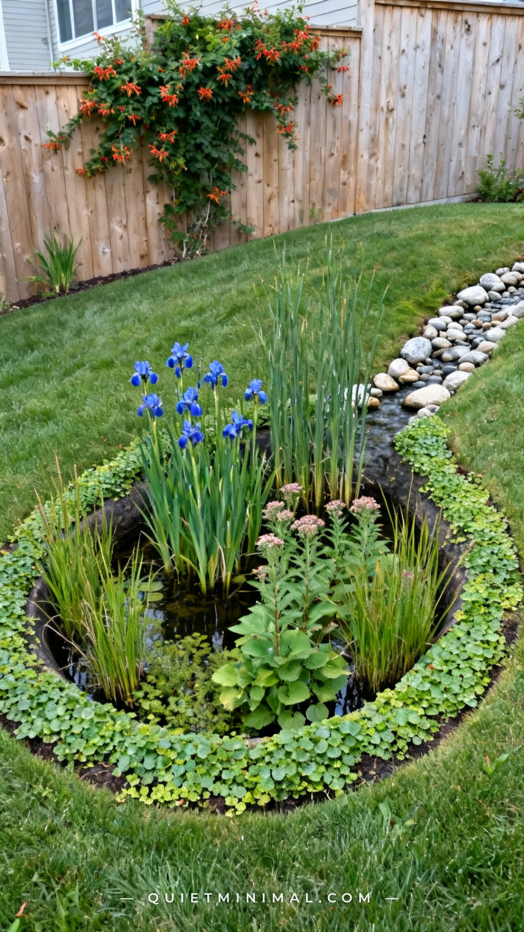A wide-angle view of a residential backyard showing a shallow bowl-shaped rain garden planted with native moisture-toler