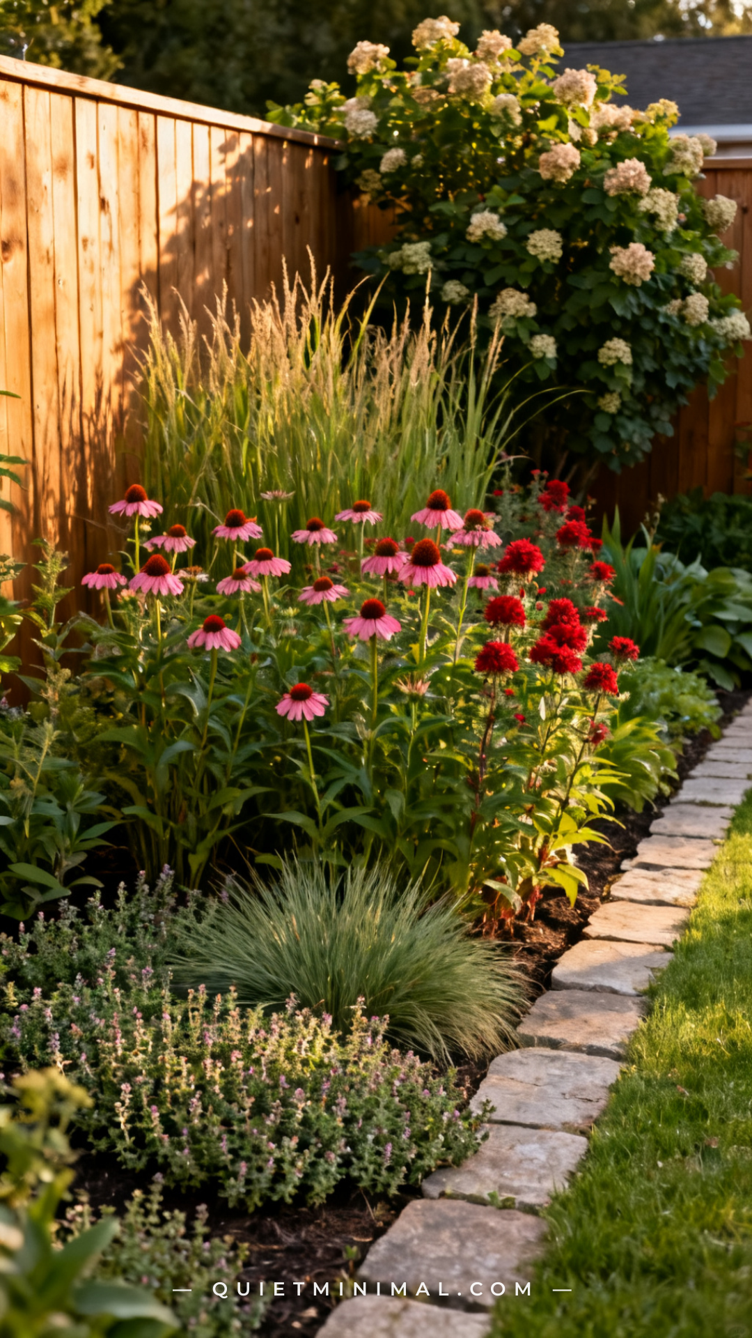 A vertical photograph of a layered backyard native plant garden showing clear three-tier planting structure