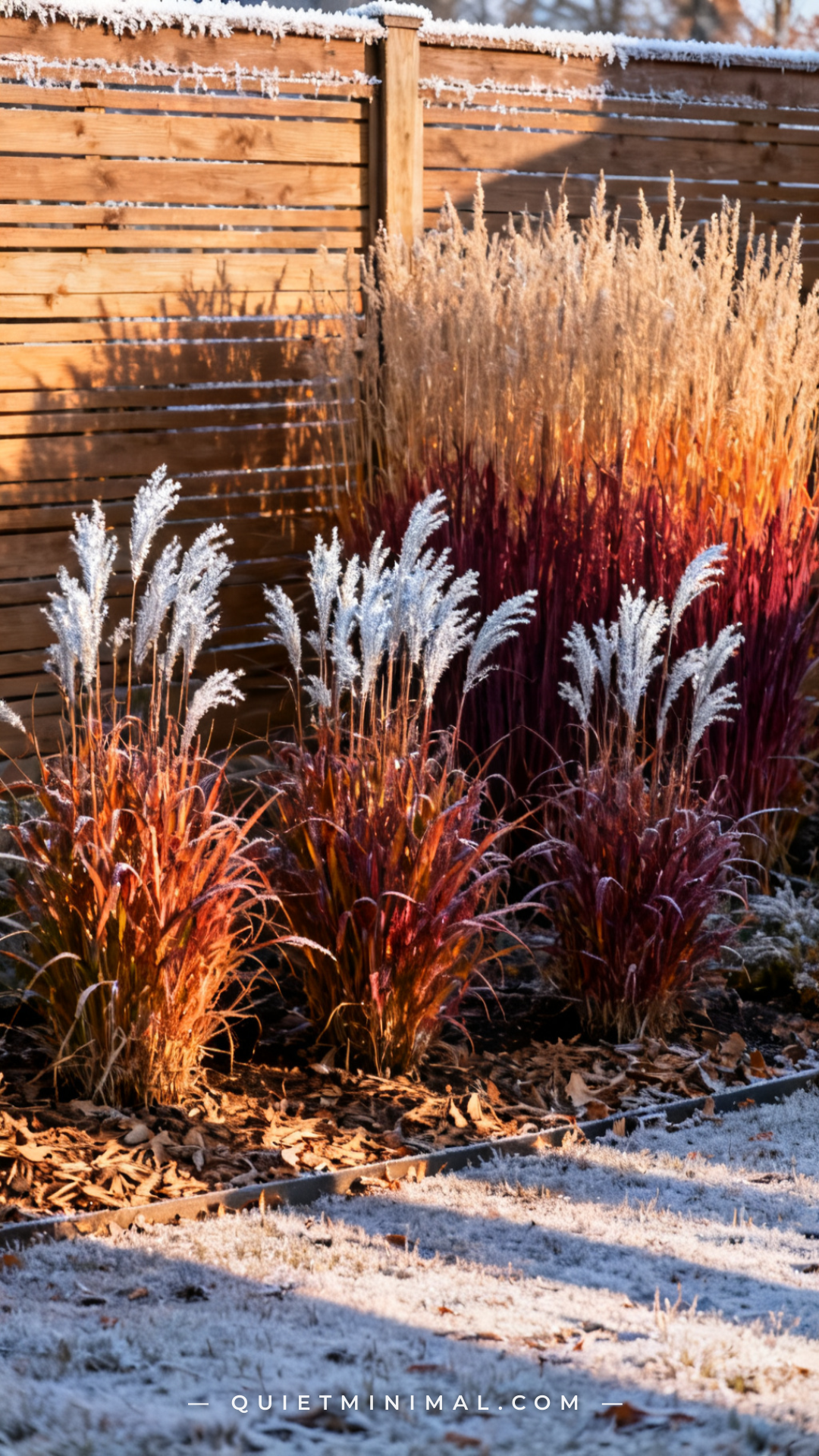 A wide establishing shot of a late-autumn backyard garden showing ornamental native grasses in peak seasonal color