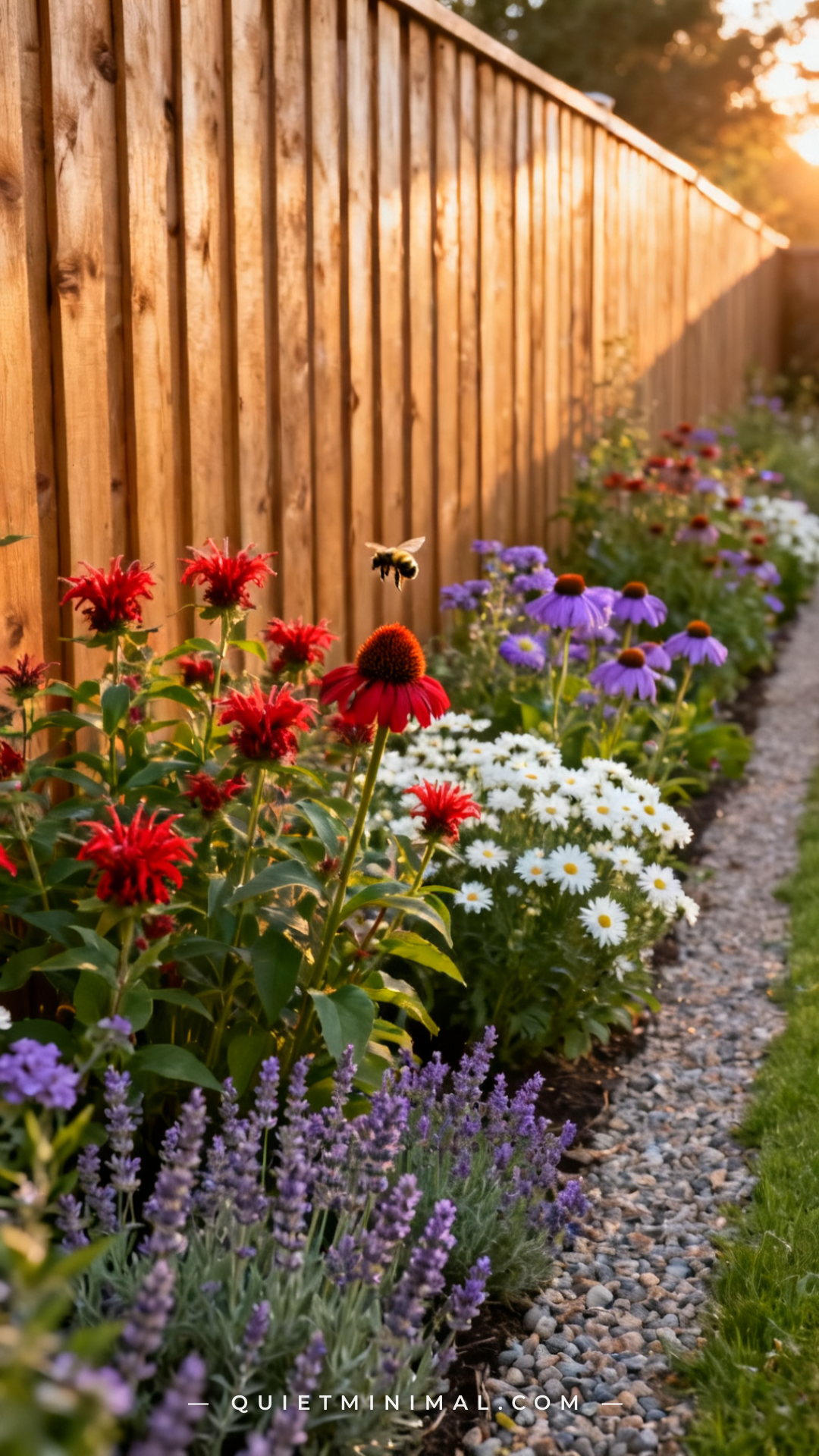 A vertical photograph of a sunny backyard fence line planted as a continuous native pollinator garden
