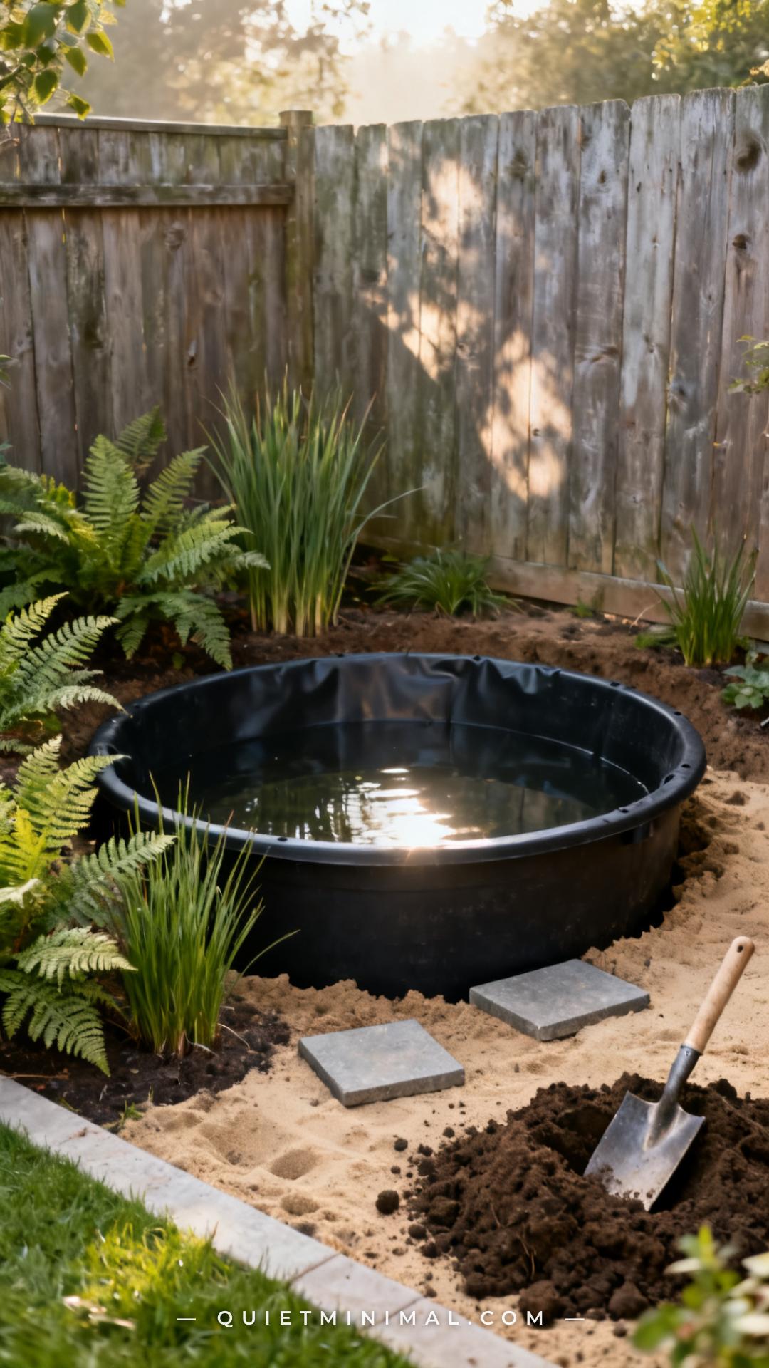 A vertical establishing shot of a backyard corner where a preformed rigid black pond basin sits partially installed in s
